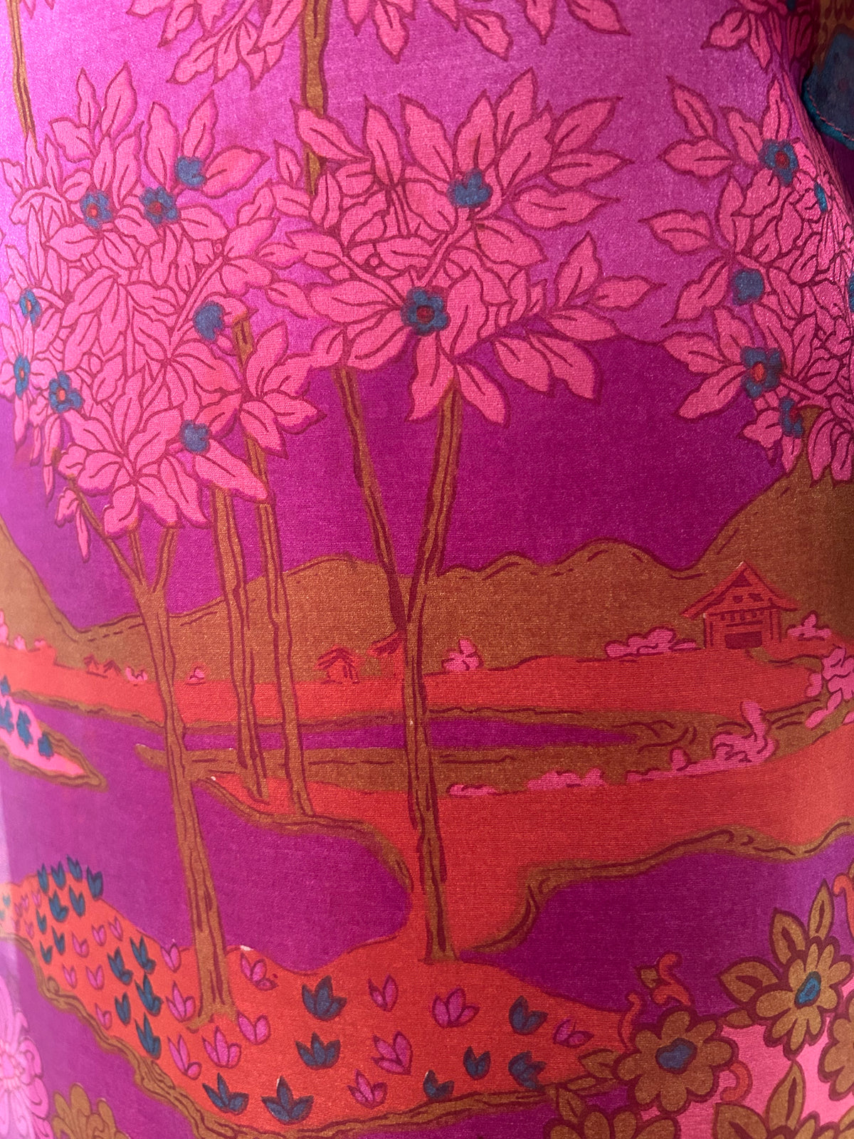 Vintage Early 1970s JOHN NEVILLE Size 16 Pink & Purple Tones Japanese Blossom & Pagoda Print Flared Cuff Maxi Dress