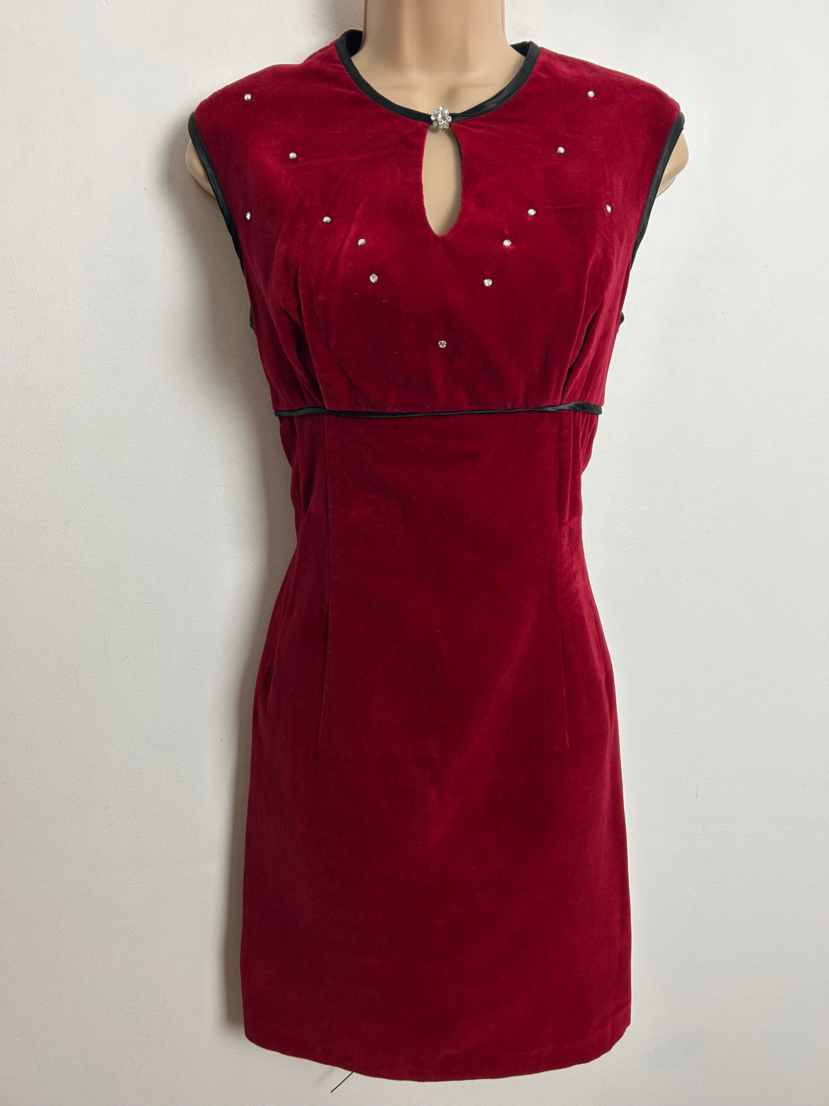 Vintage 1960s UK Size 8 Red Velvet Diamante Detail Xmas Party Mod Shift Dress