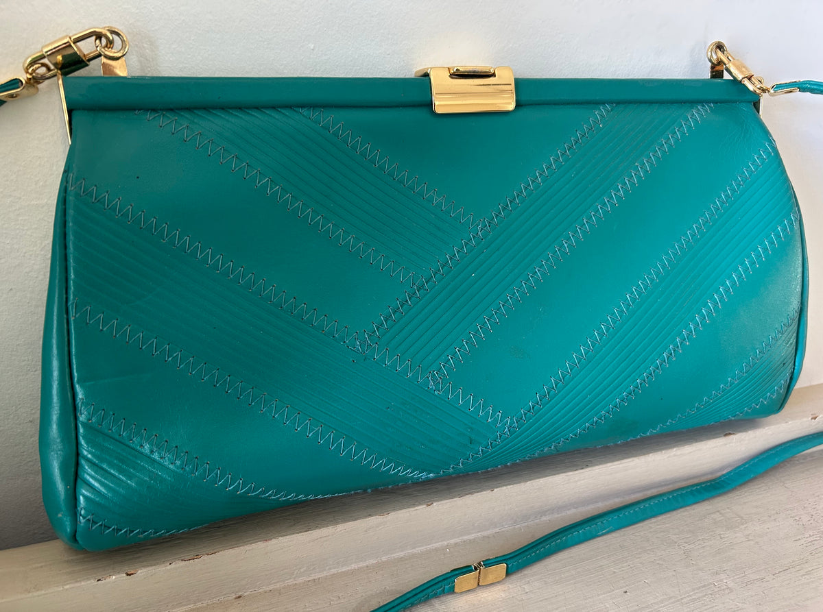 Vintage 1980s Jade Green Faux Leather Stitch Detail  Shoulder Or Clutch Bag