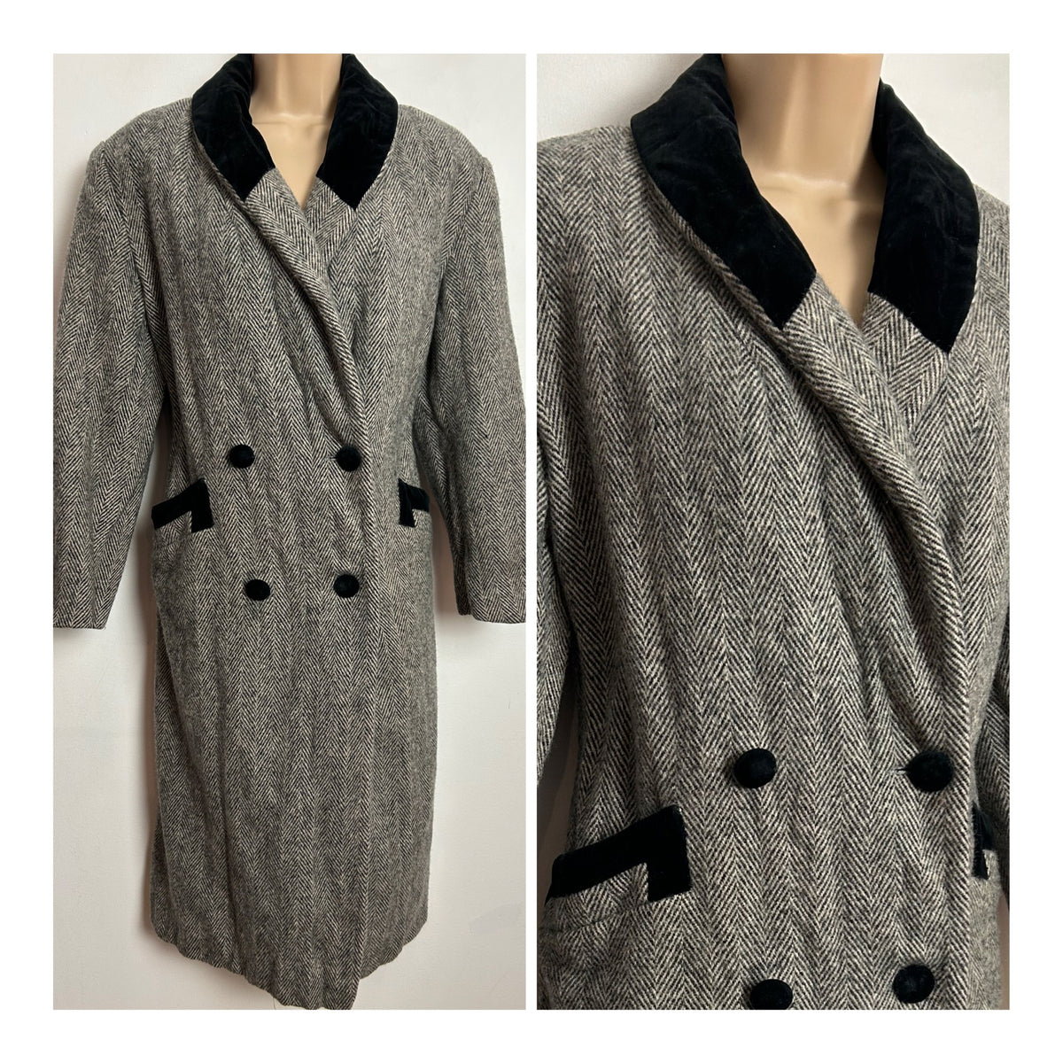 Vintage 1980s NOBLE FASHIONS UK Size 14 Grey Herringbone Wool Velvet Trim Double Breasted Coat