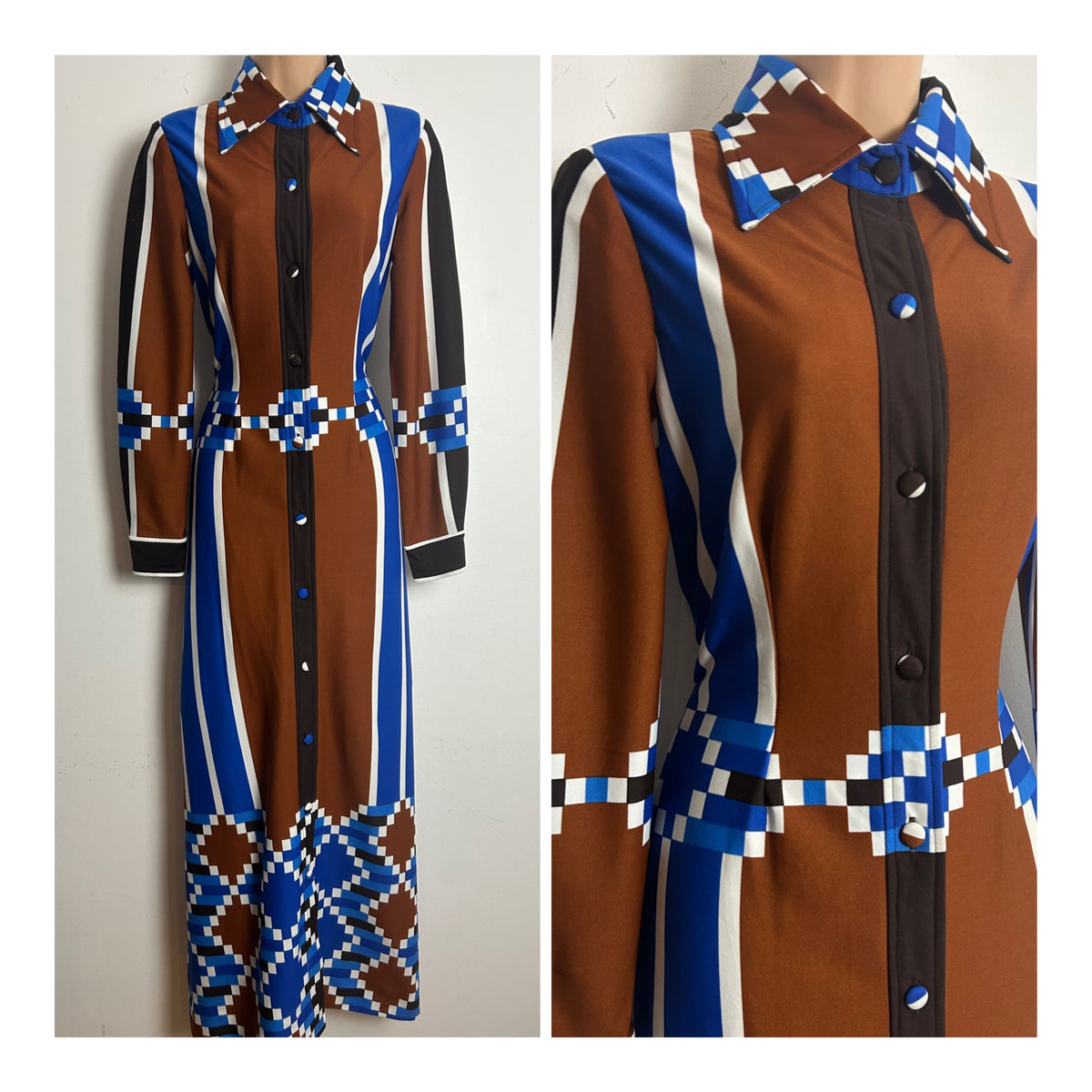 Vintage 1970s TRICOVILLE HANDFASHIONED Size 10 Brown Blue & White Stripe & Geo Print Long Sleeve Maxi Dress
