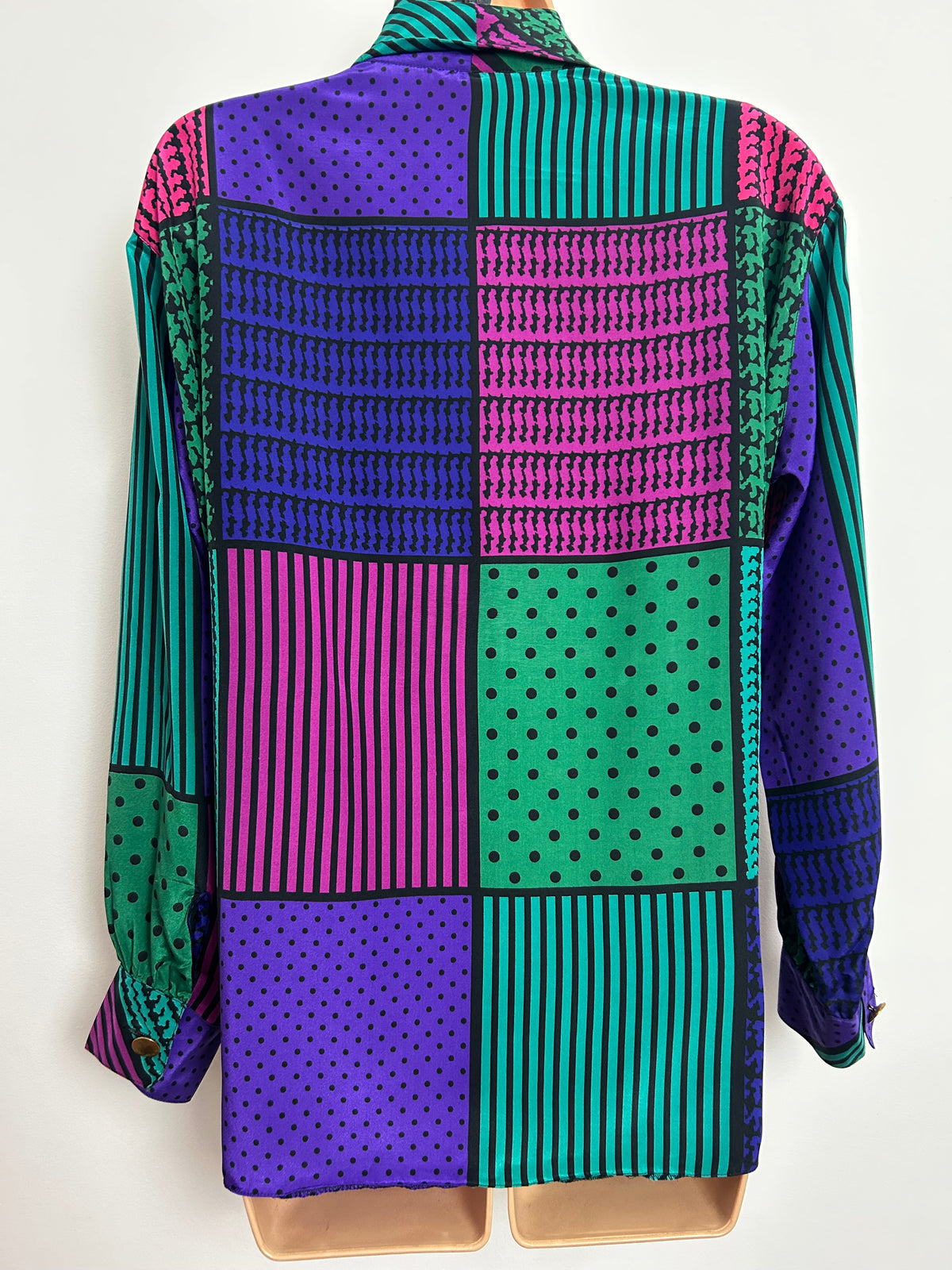 Vintage 1980s FELICIA Size 14-16 Green Purple Pink & Black Abstract Print Cowl Neck Long Sleeve Blouse