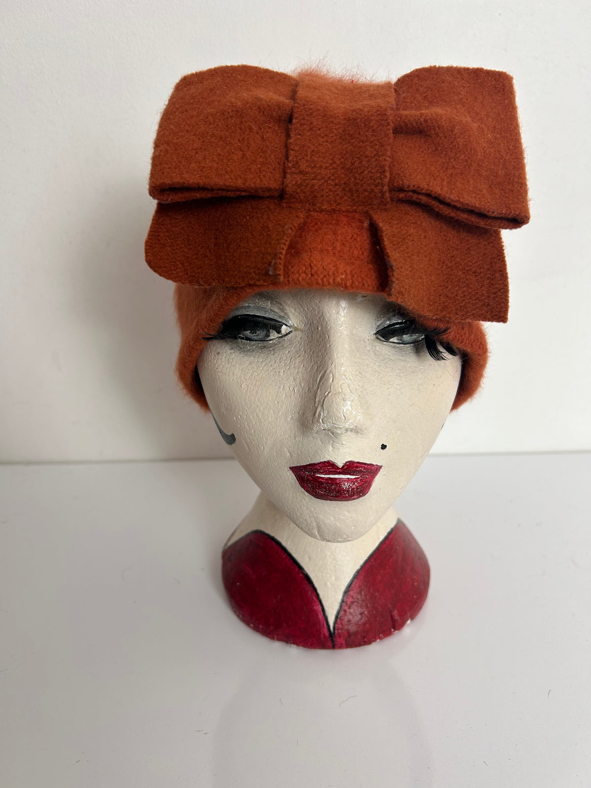 Vintage Rusty Orange Angora & Wool Mix Bow Detail Beanie Hat