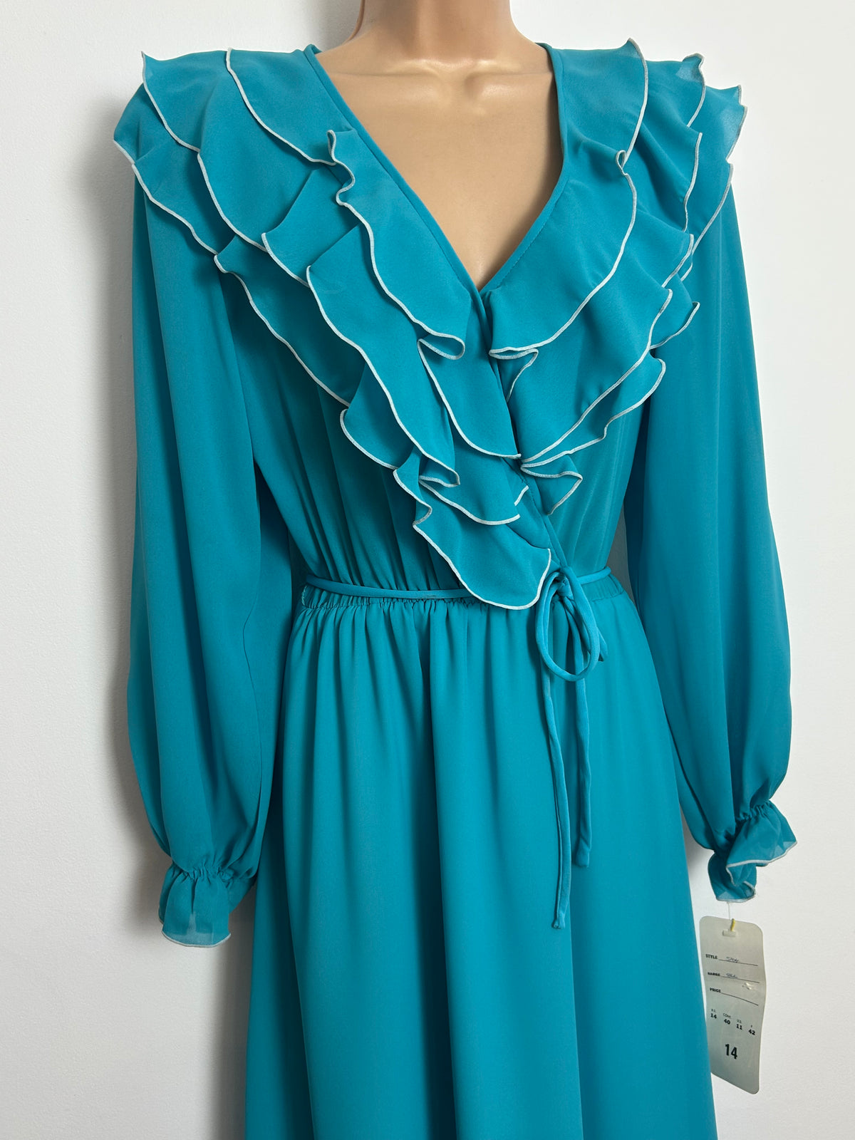 Vintage Late 1970s Deadstock DARREN Size 14 Turquoise Ruffled Long Sleeve Belted Maxi Dress