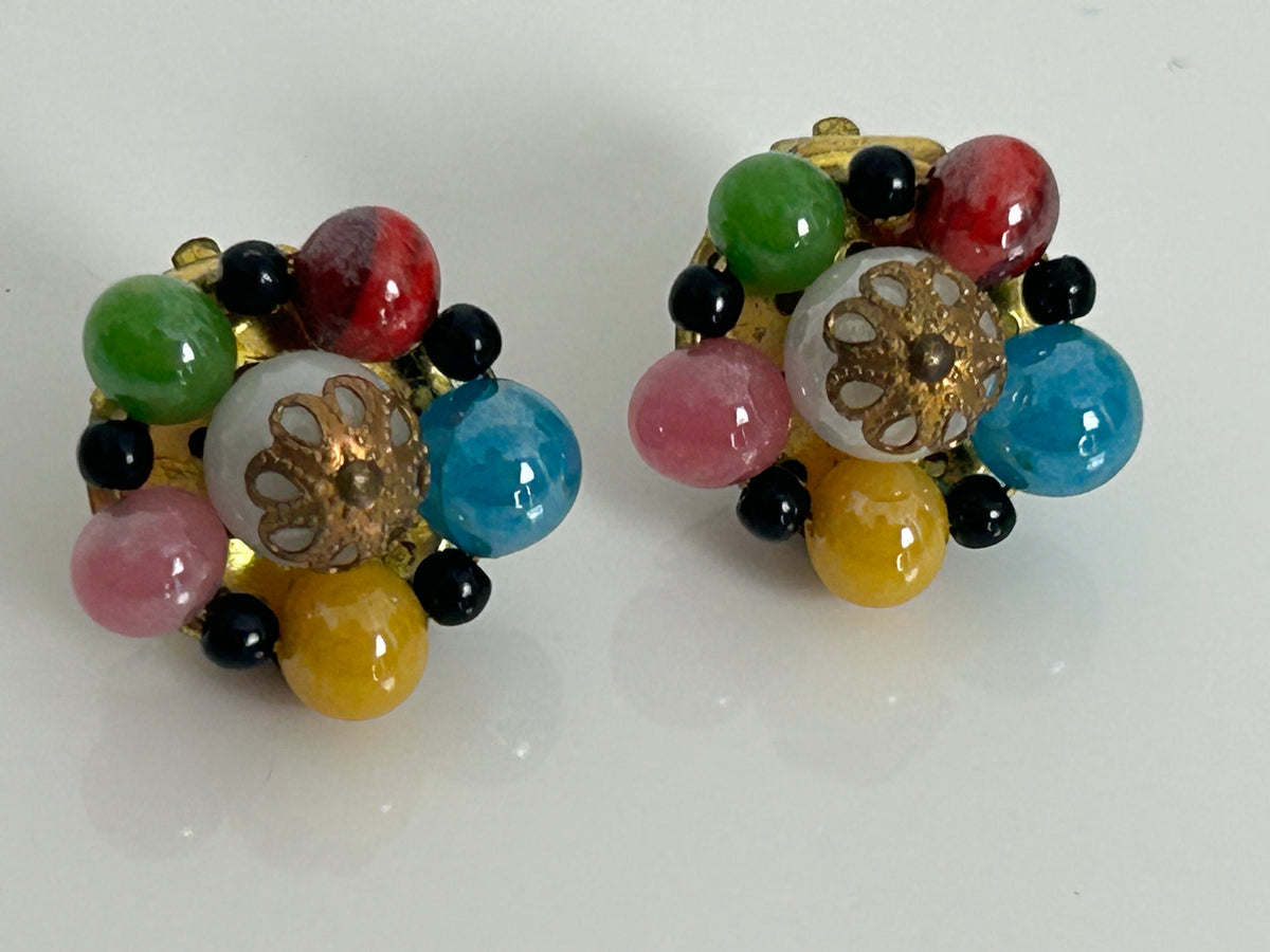 Vintage 1960s Gorgeous Multicolour Stone Set Flower Clip On Earrings