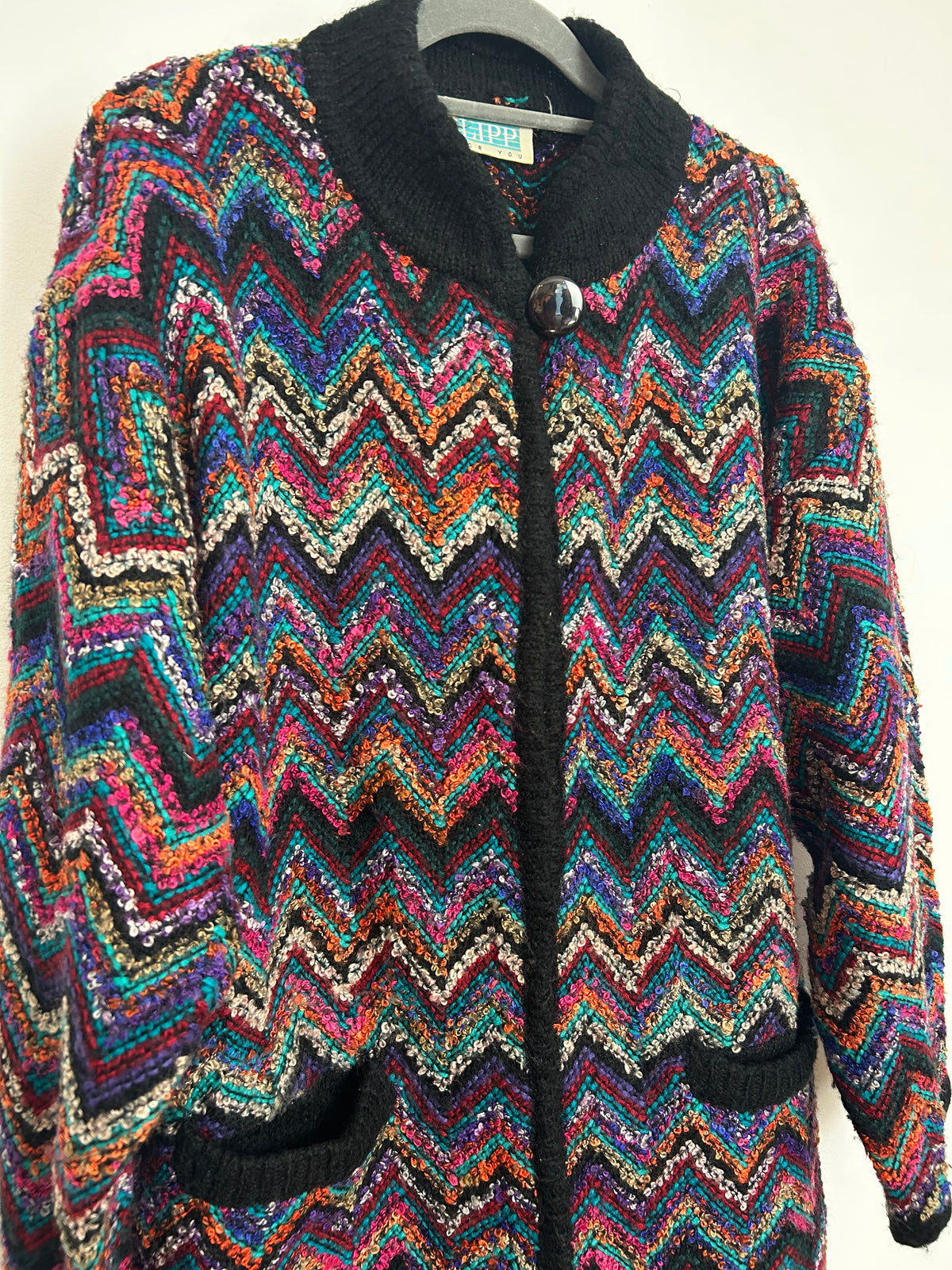 Vintage 1980s Up To Size 16 Black Multicolour Loop Yarn Chunky Knit Slouchy Cardigan