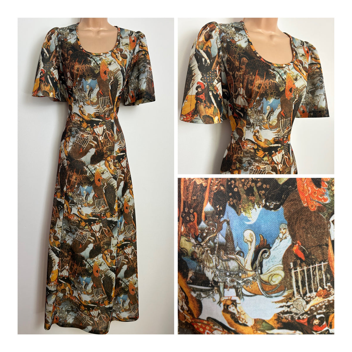Vintage 1970s RARE Size 10 Whimsical Fairytale Collage Novelty Print Maxi Dress