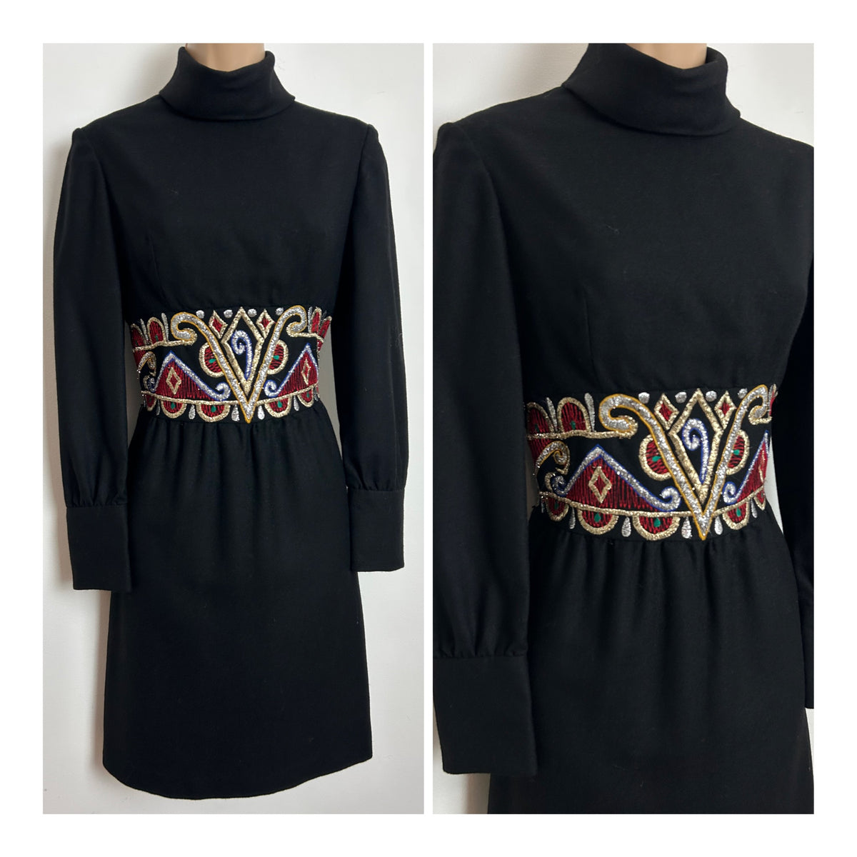 Vintage 1960s Size 8 Black Wool Mix Embroidered Waist Detail Long Sleeve Occasion Dress