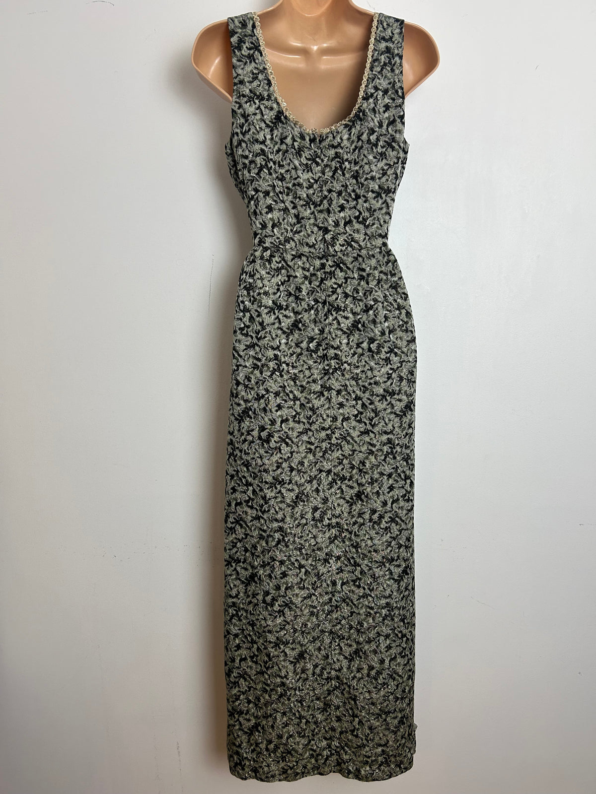 Vintage 1960s Size 8 Black Silver & Green Jacquard Metallic Thread Occasion Evening Maxi Dress