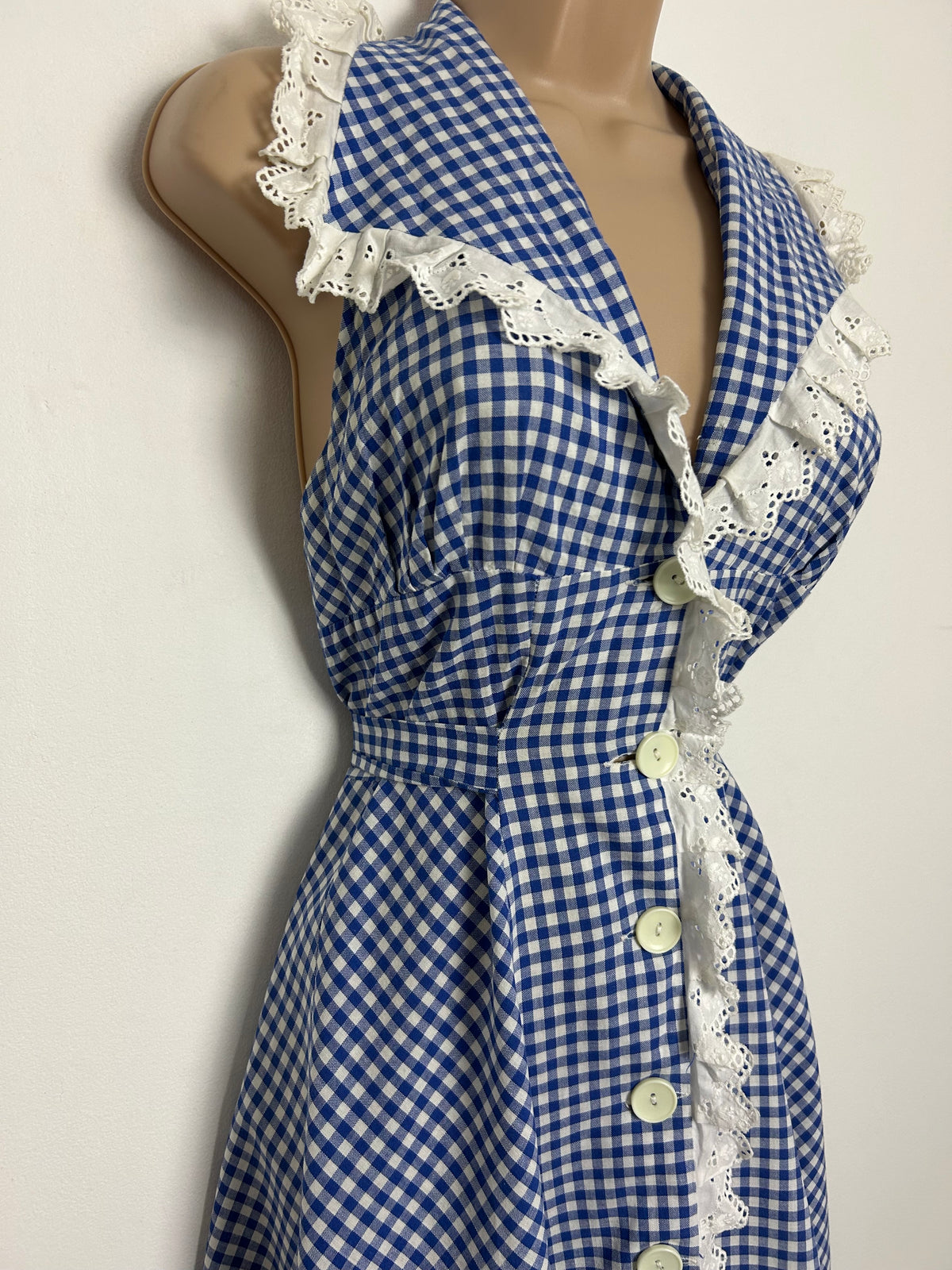 Vintage 1970s Size 6-8 Blue & White Gingham Check Lace Trim Open Back Tie Back Midi Cotton Summer Dress