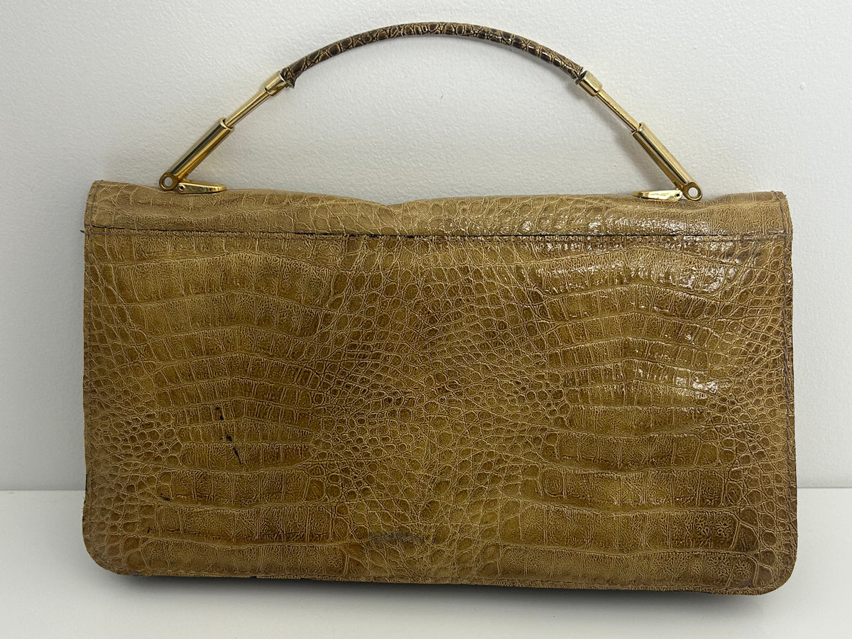 Vintage 1970s Camel Colour Reptile Mock Croc Grab Handle Handbag