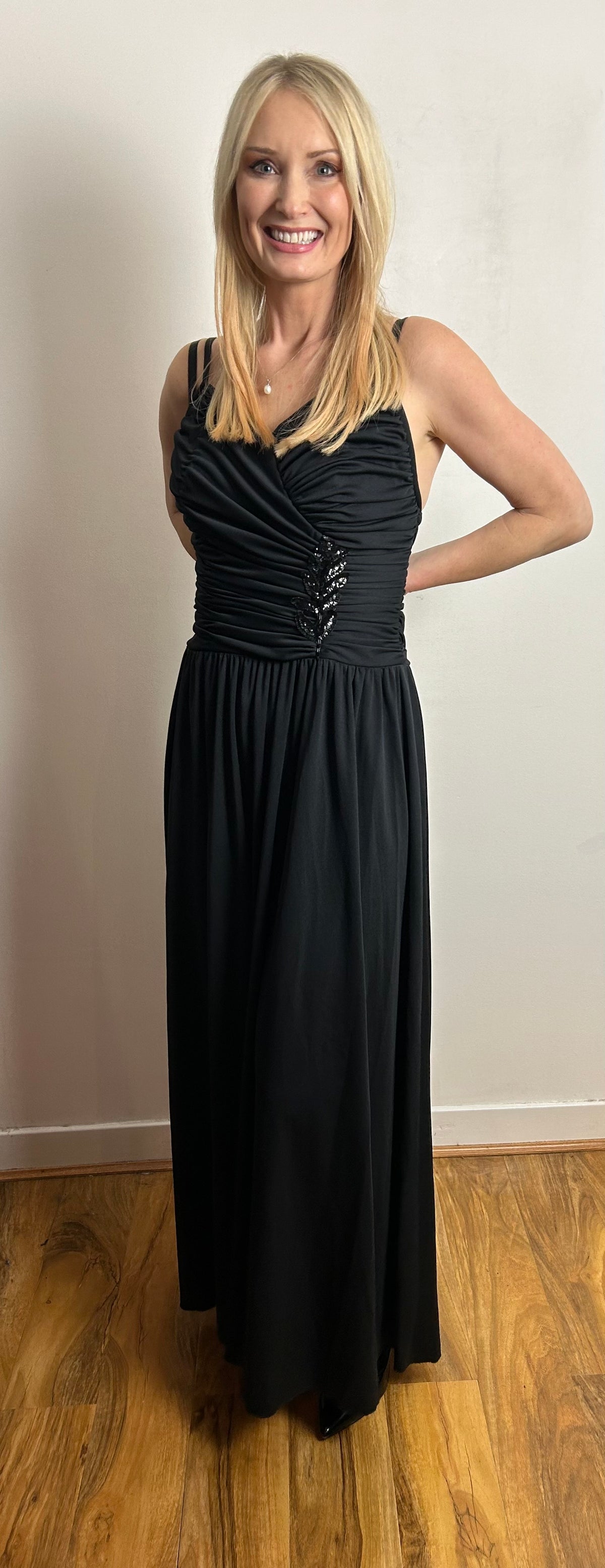 Vintage Late 1970s UK Size 8 Black Ruched & Sequin Detail Evening Occasion Maxi Dress