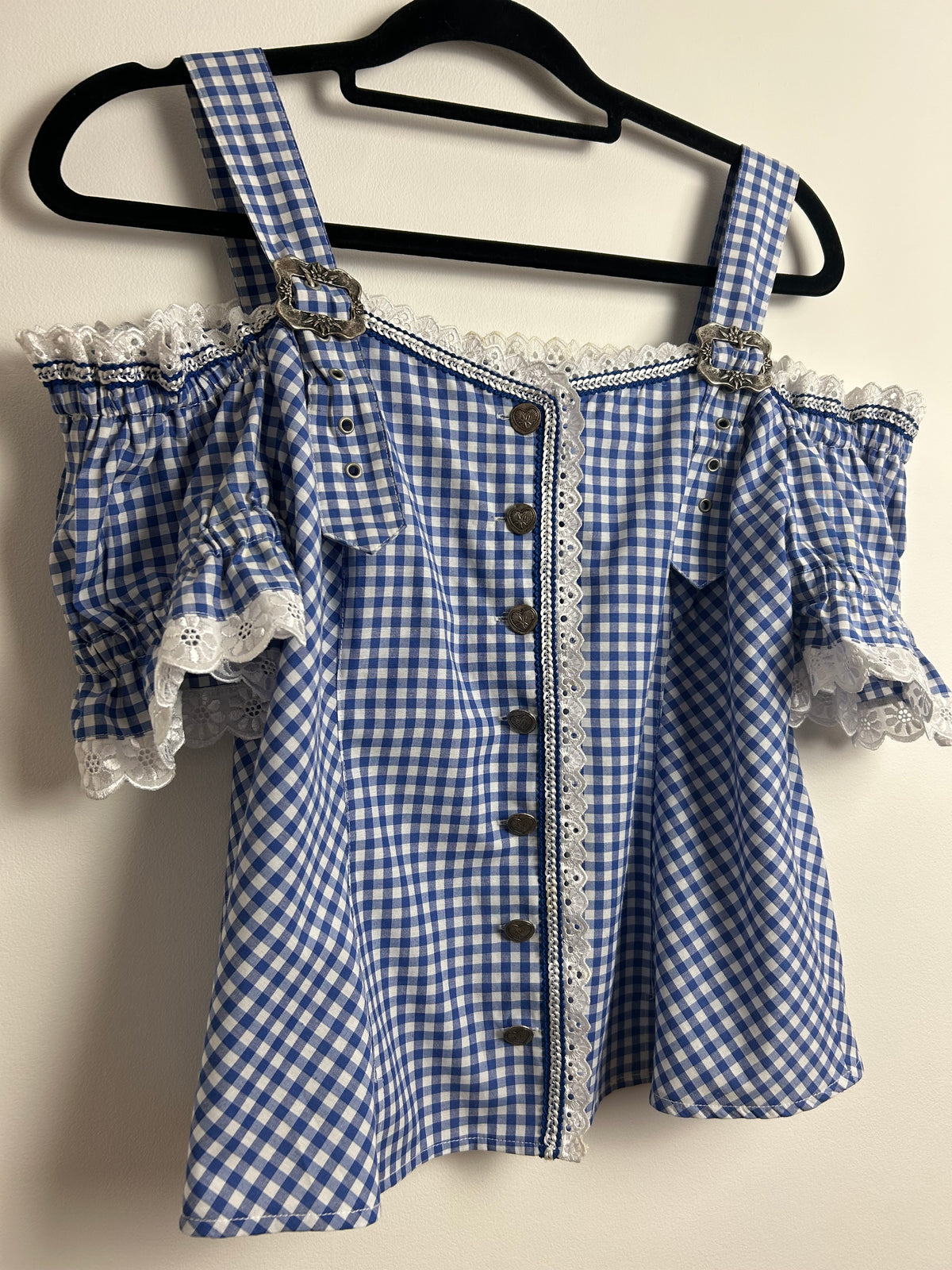 Vintage 1980s LANDHAUS @ C&A Size 14 Blue & White Gingham Check Cold Shoulder Cotton Mix Dirndl Folk Top