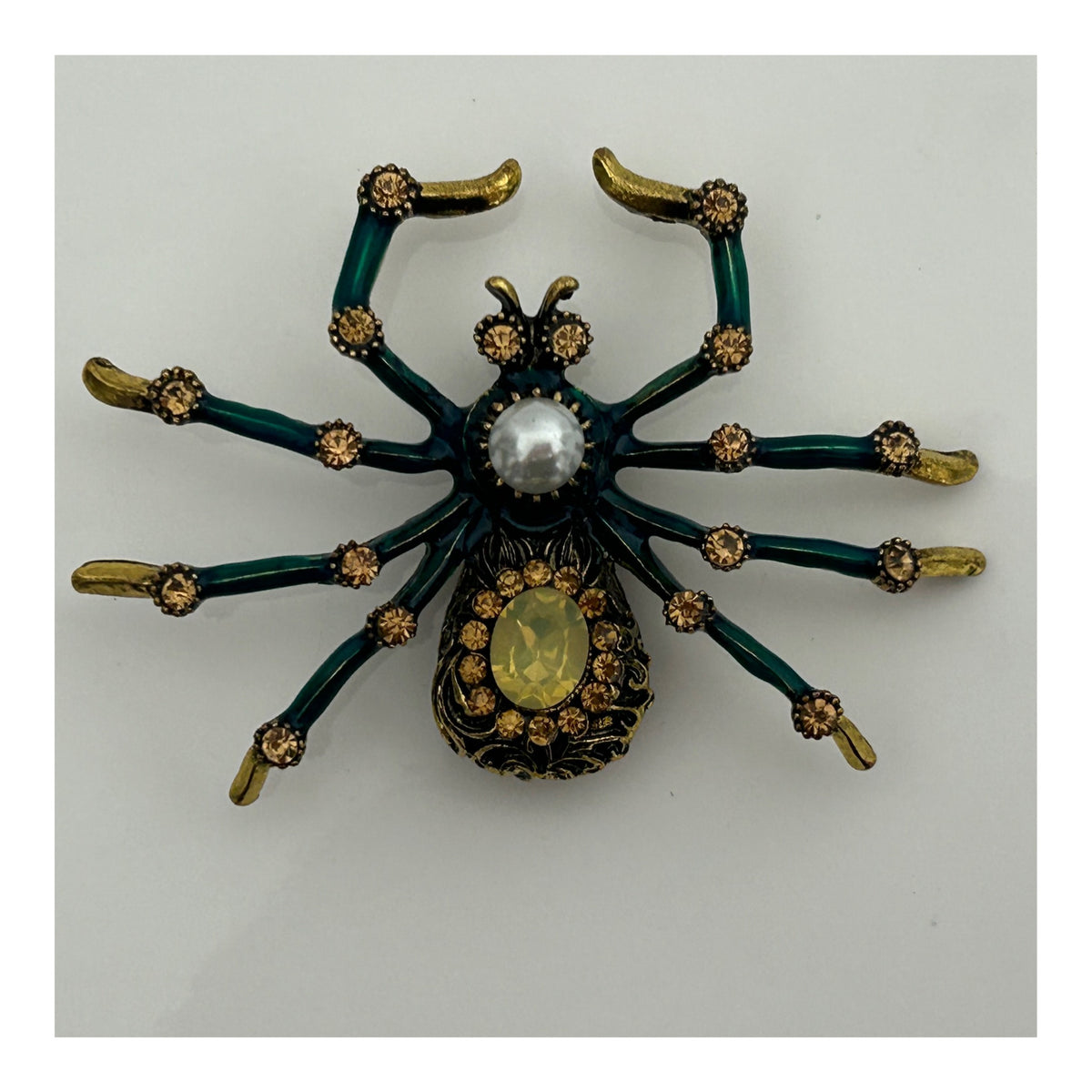 Vintage Gold Tone Green Enamel & Diamante Set Large Spider Pin Brooch