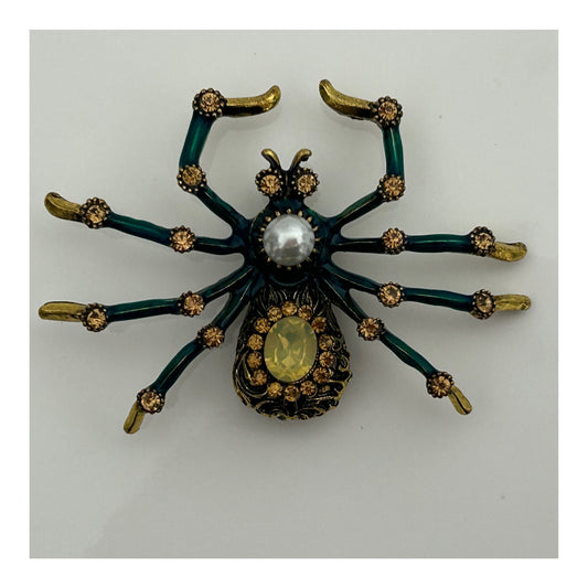 Vintage Gold Tone Green Enamel & Diamante Set Large Spider Pin Brooch