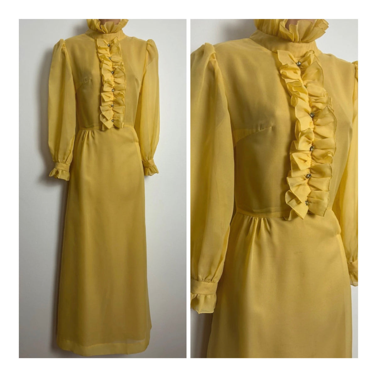 Vintage 1970s Size 6-8 Mustard Yellow Ruffle Trim Long Sleeve Prairie Maxi Dress