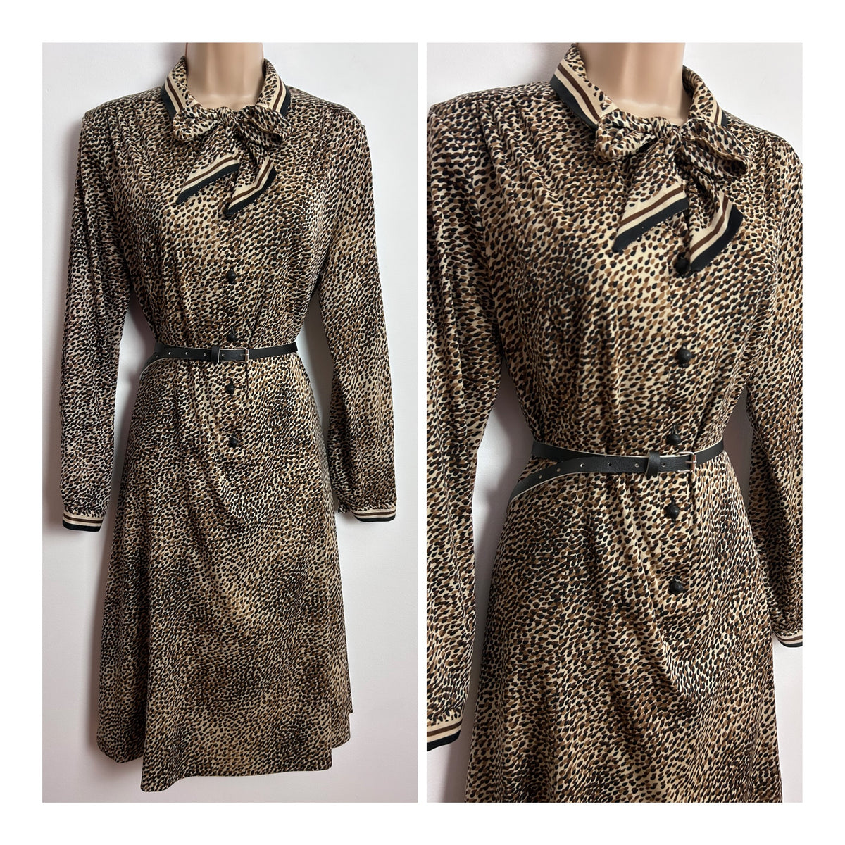 Vintage 1970s UK Size 14 Brown Tones Fleck Print Pussy Bow Long Sleeve Belted Day Dress