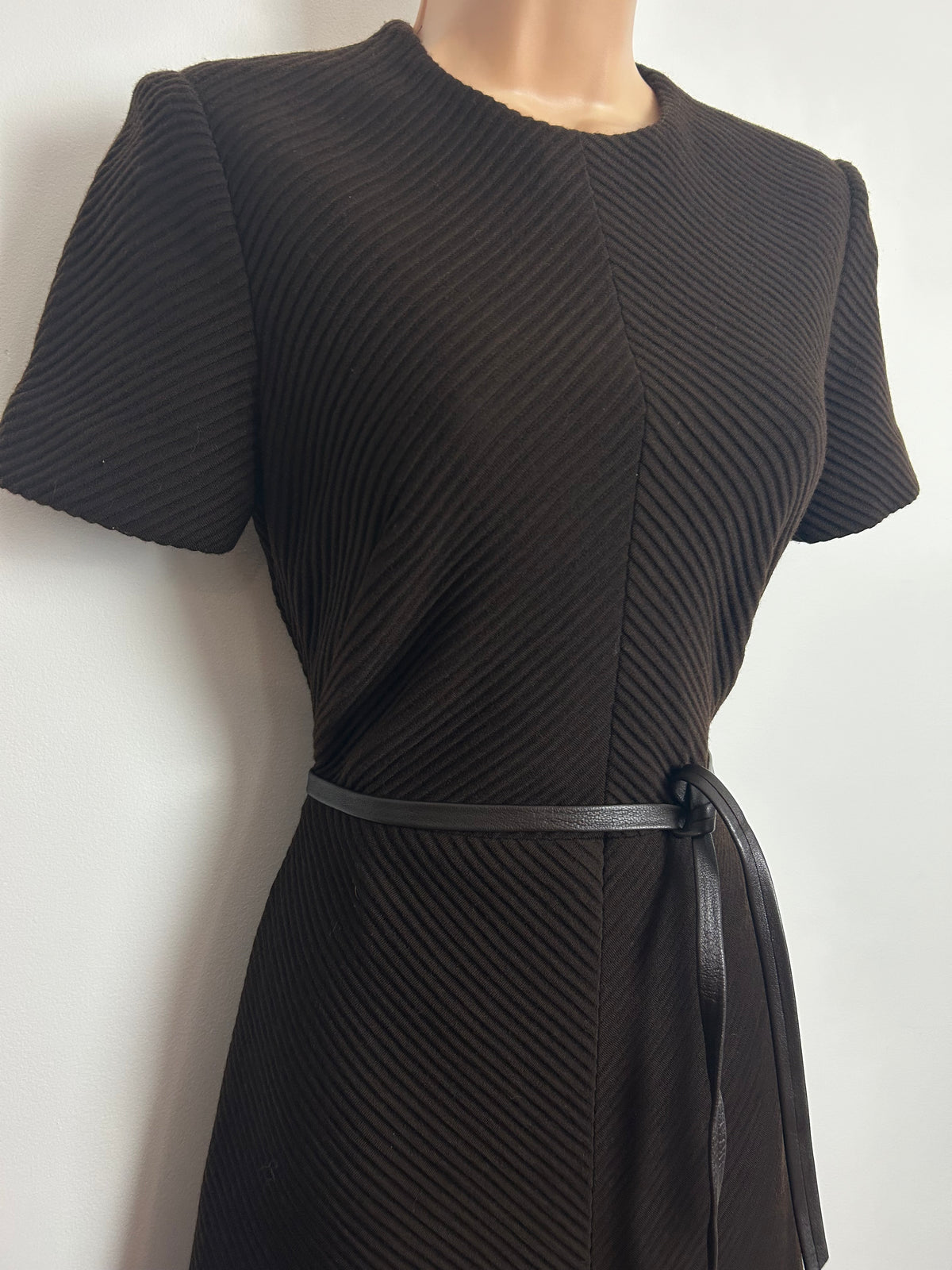 Vintage 1960s JAEGER Size 8-10 Chocolate Brown Chevron Texture All Wool Belted Mod Dress