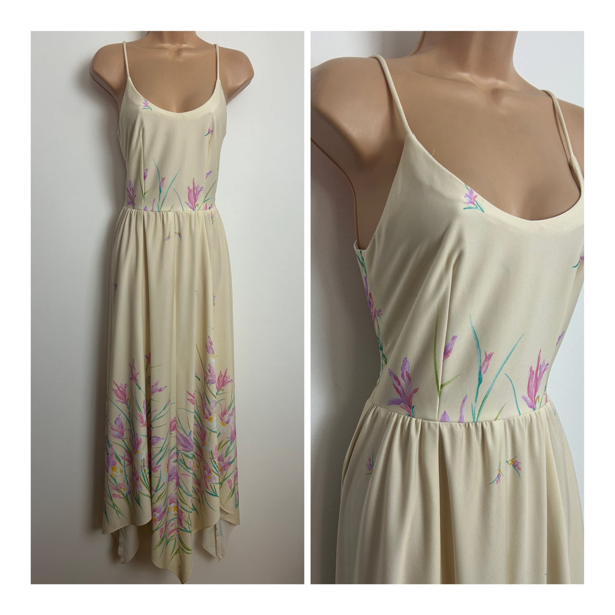 Vintage 1970s Size 6-8 Cream & Pink Iris Print Strappy Handkerchief Hem Summer Maxi Dress