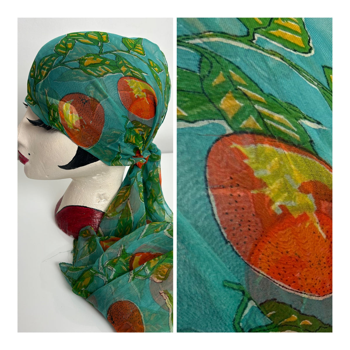 Vintage Turquoise Orange & Green Orange Fruit & Leaf Print Long Chiffon Scarf 103cm x 52cm