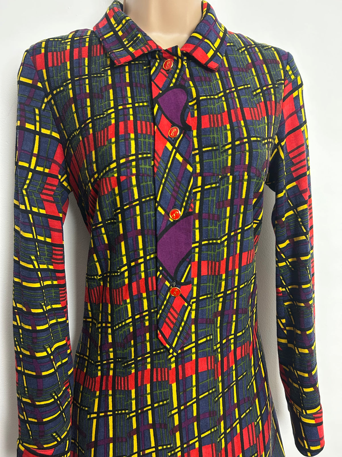 Vintage 1970s Size 10 Dark Blue Purple Red & Yellow Check Print Jersey Mod Shift Dress