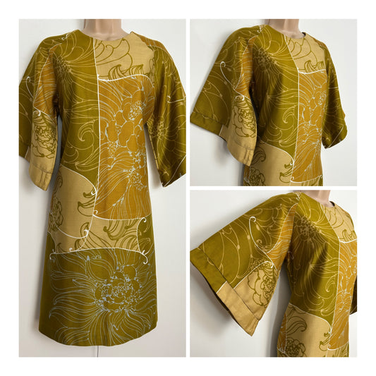 Vintage 1960s ANDRADE HONOLULU Size 10-12 Dark Olive Green & Brown Tones Floral Wide Sleeve Shift Dress