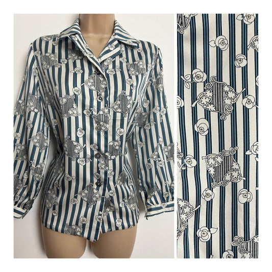 Vintage 1970s Size 12 White Blue  Black Abstract Floral & Stripe Print Long Sleeve Shirt