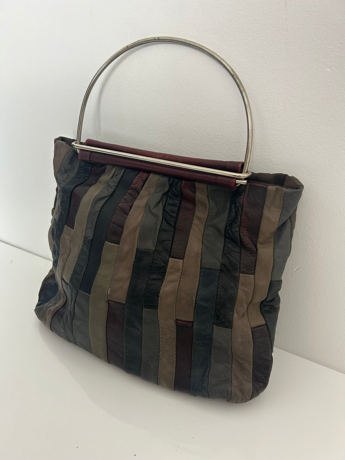 Vintage 1970s Dark Red Green & Grey Tones Patchwork Leather Metal Handled Boho Handbag