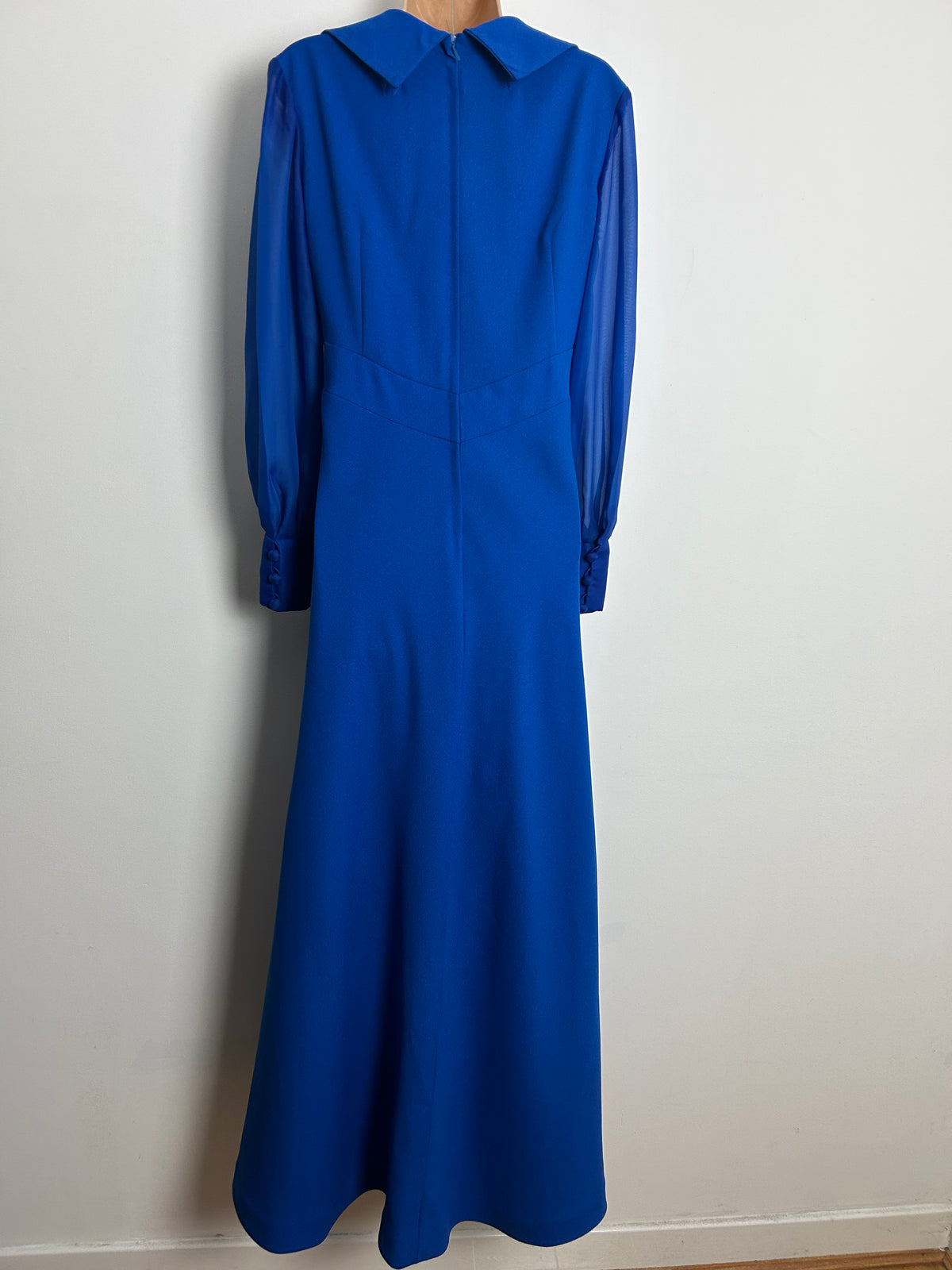 Vintage 1970s UK Size 14 Royal Blue Dagger Collar Long Chiffon Sleeve Occasion Evening Maxi Dress