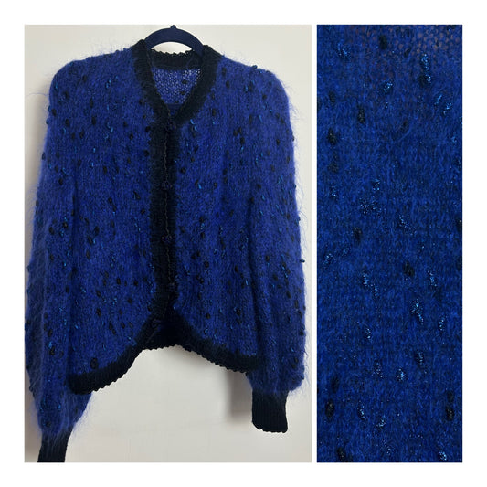 Vintage 1980s Size 12 Dark Blue & Black Bobble Knit Mohair Mix Short Length Cardigan