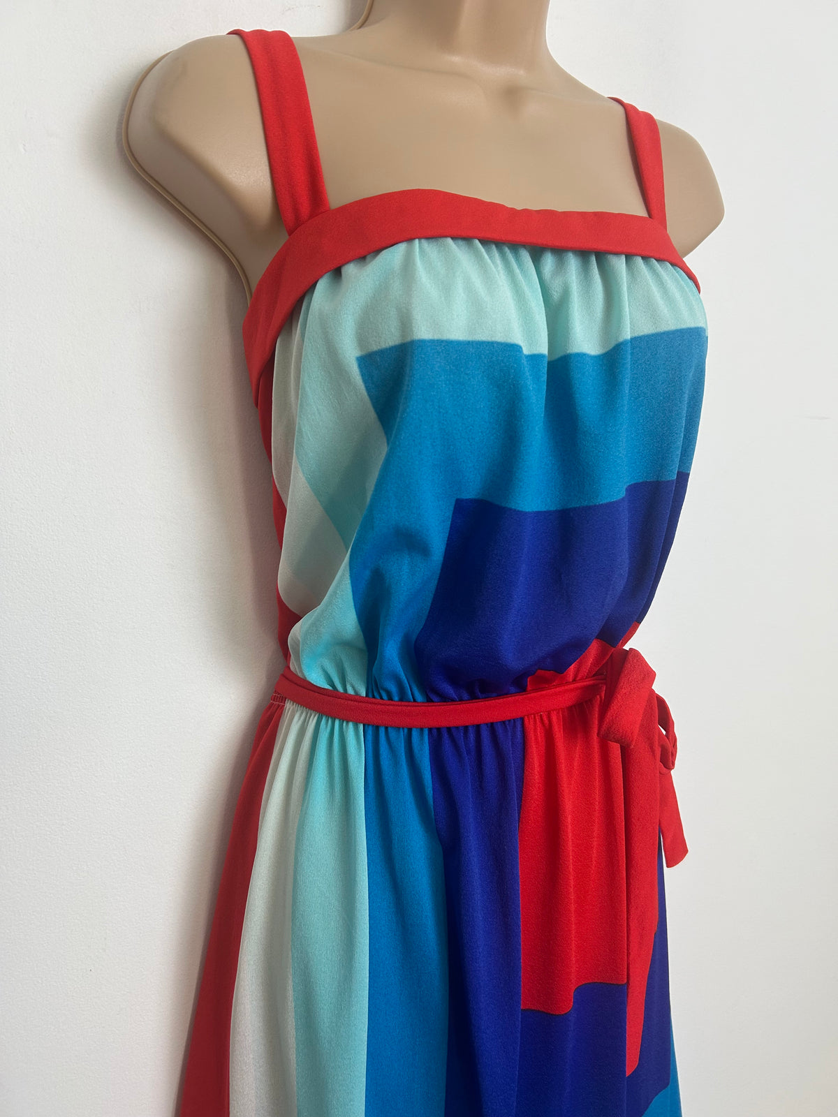 Vintage 1980s Size 12 Cute Blue Red & White Geo Square Print Belted Summer Day Dress