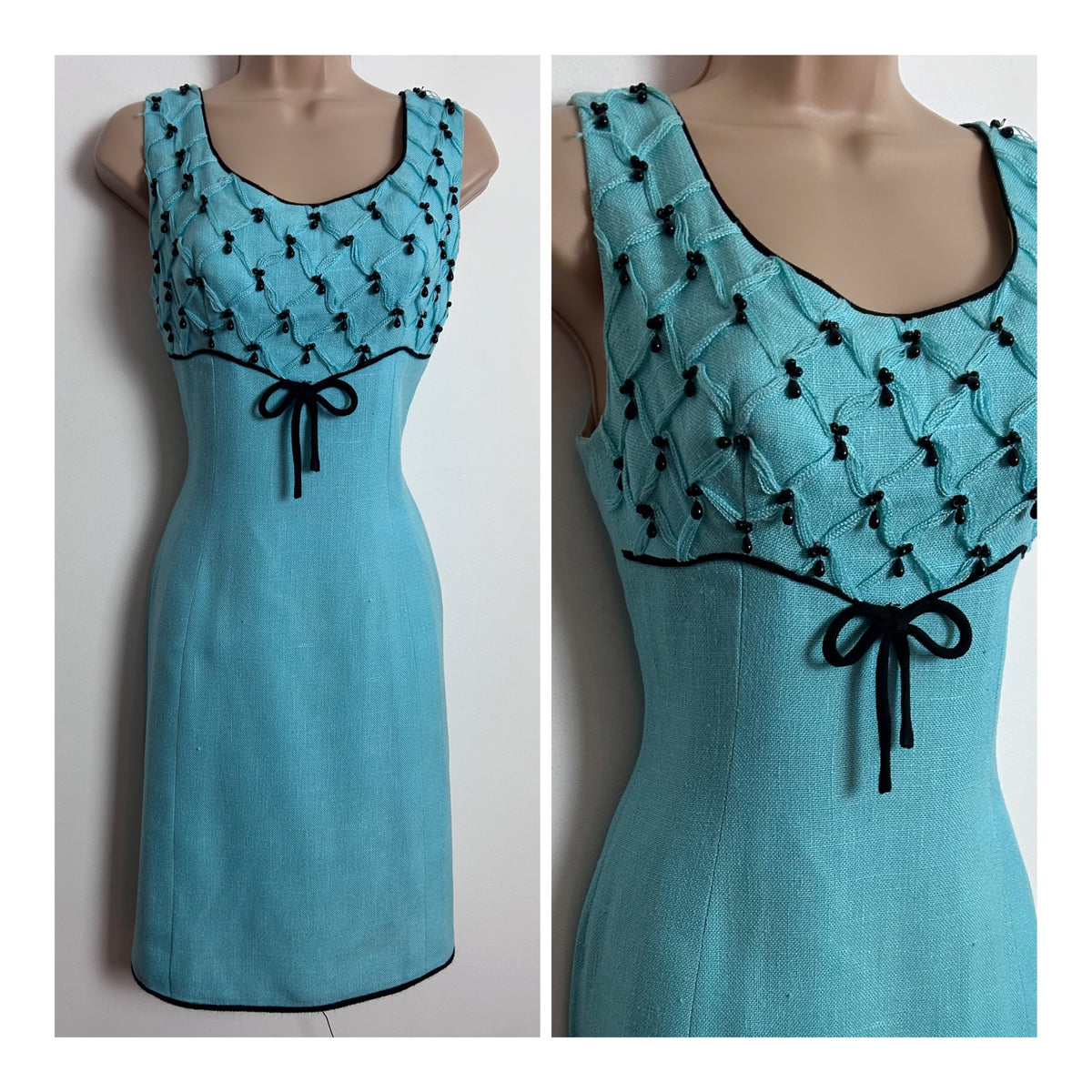 Vintage 1960s ANNE CLEMENT, NICE UK Size 8 Pale Blue Black Bead & Bow Detail Dress