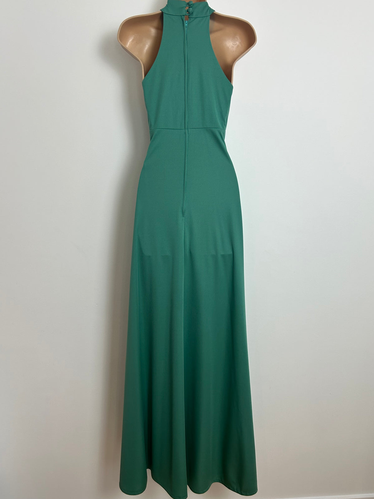 Vintage 1970s PENNY MIST Size 10-12 Green Cross Strap Halterneck Maxi Dress