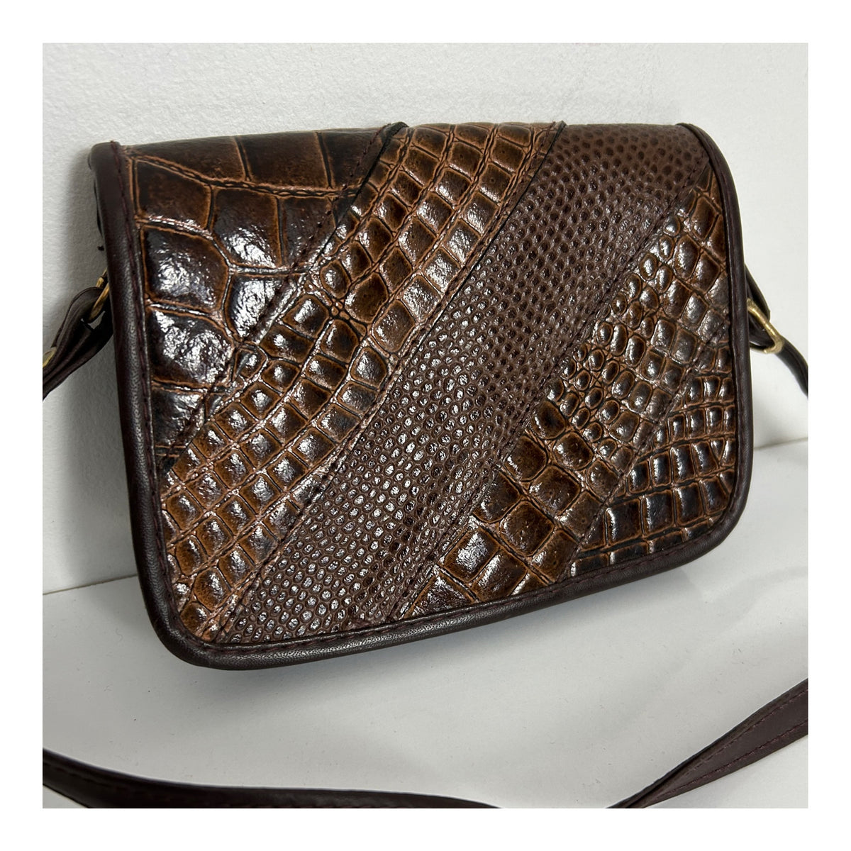 Vintage 1980s Brown Faux Reptile Leather Small Cross Body Handbag