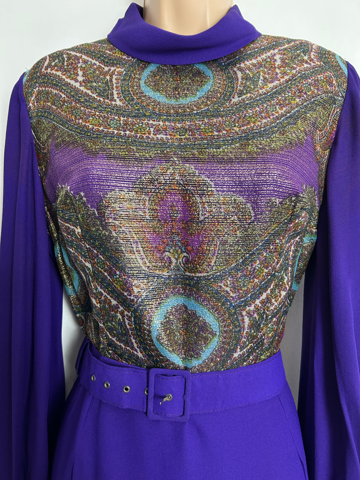 Vintage Late 1960s JOBI UK Size 10-12 Purple Teal & Gold Lurex Pattern Bodice Belted Occasion Maxi Dress