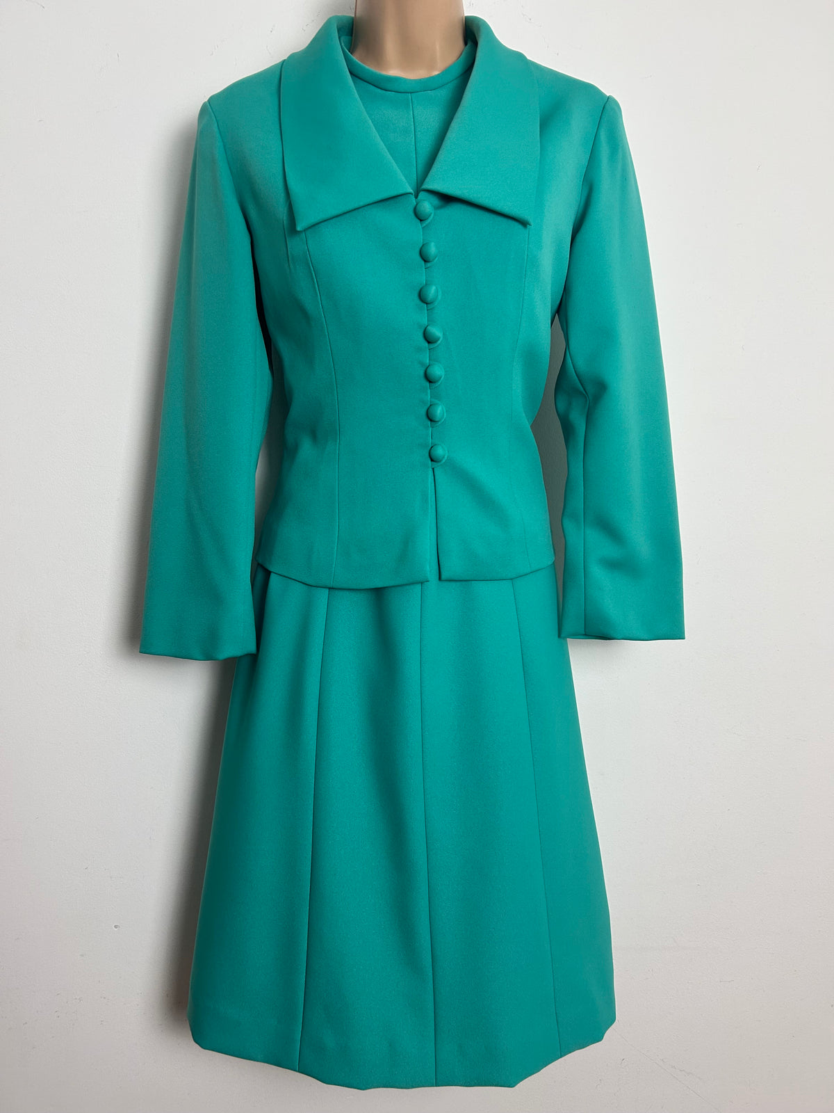 Vintage 1960s HANNLORE OF LONDON Size 8 Jade Green Mod Dress & Jacket Two Piece Suit
