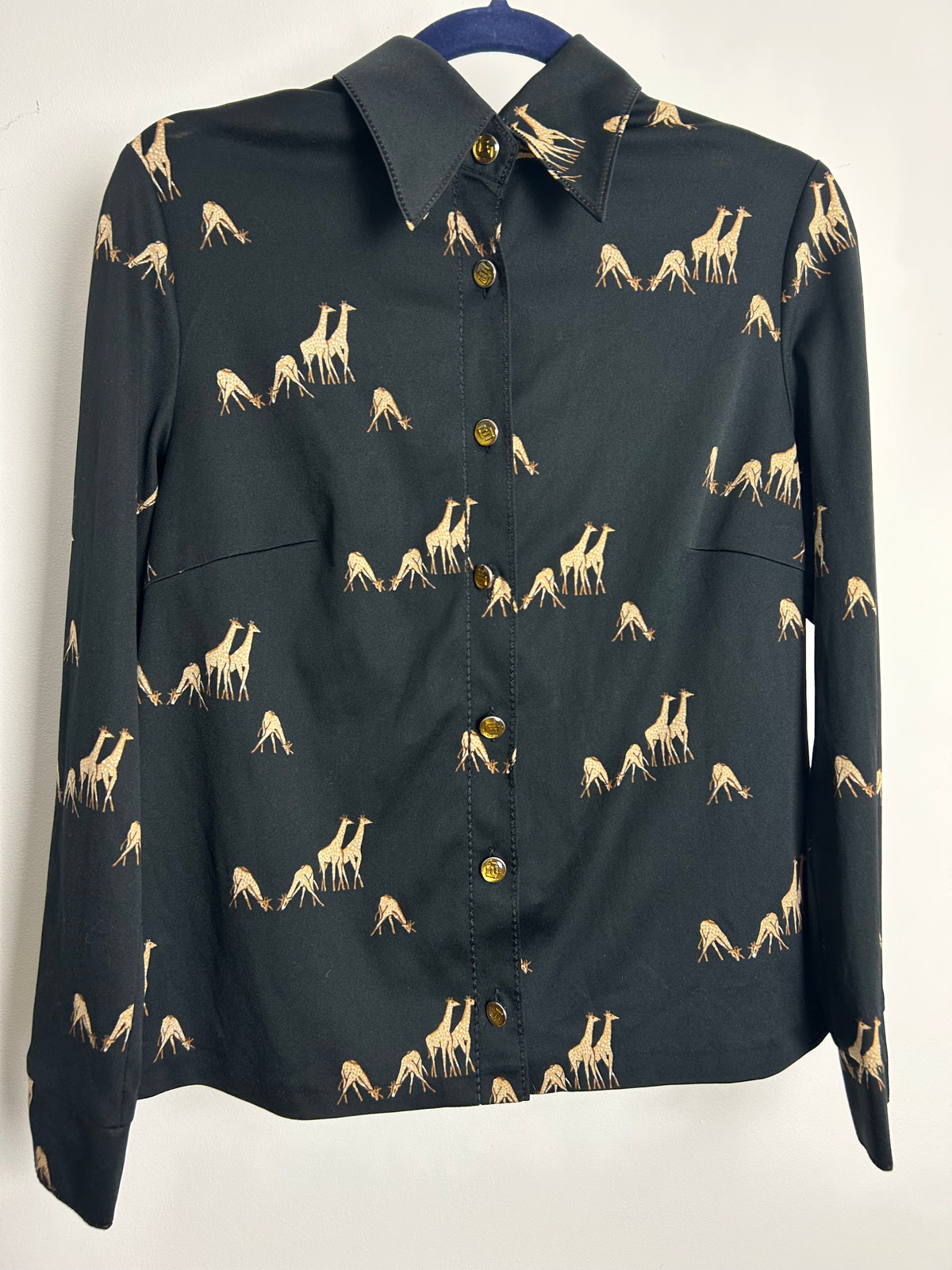 Vintage 1970s Size 14 Black & Beige Giraffe Novelty Print Long Sleeve Shirt