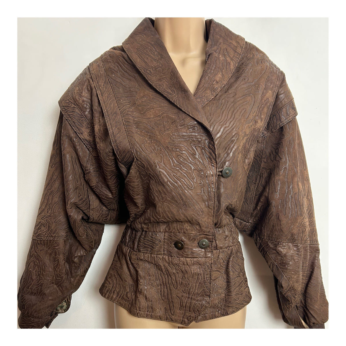 Vintage 1980s UK Size 12 Brown Leather Animal Print Fully Lined Bat Wing Jacket