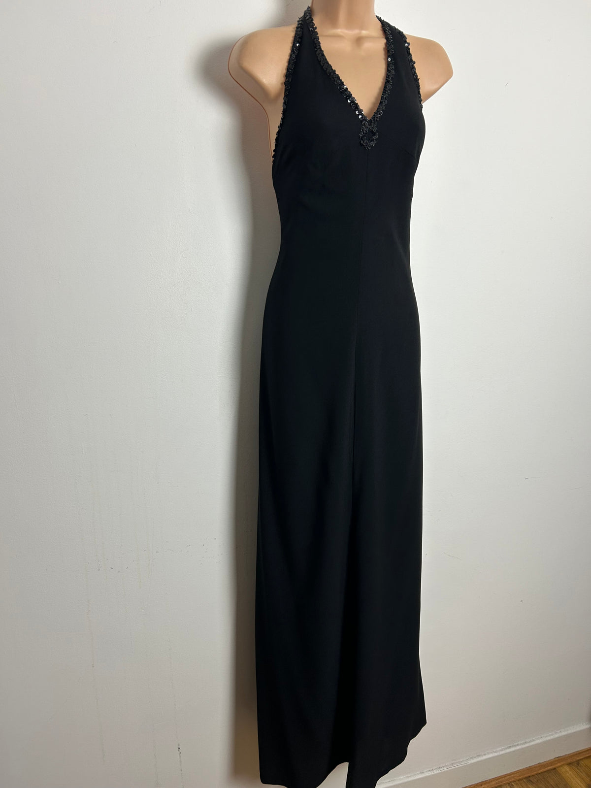 Vintage 1970s Size 10-12 BlackPure New Wool Sequin Open Back Bow Strap Halter Neck Evening Maxi Dress