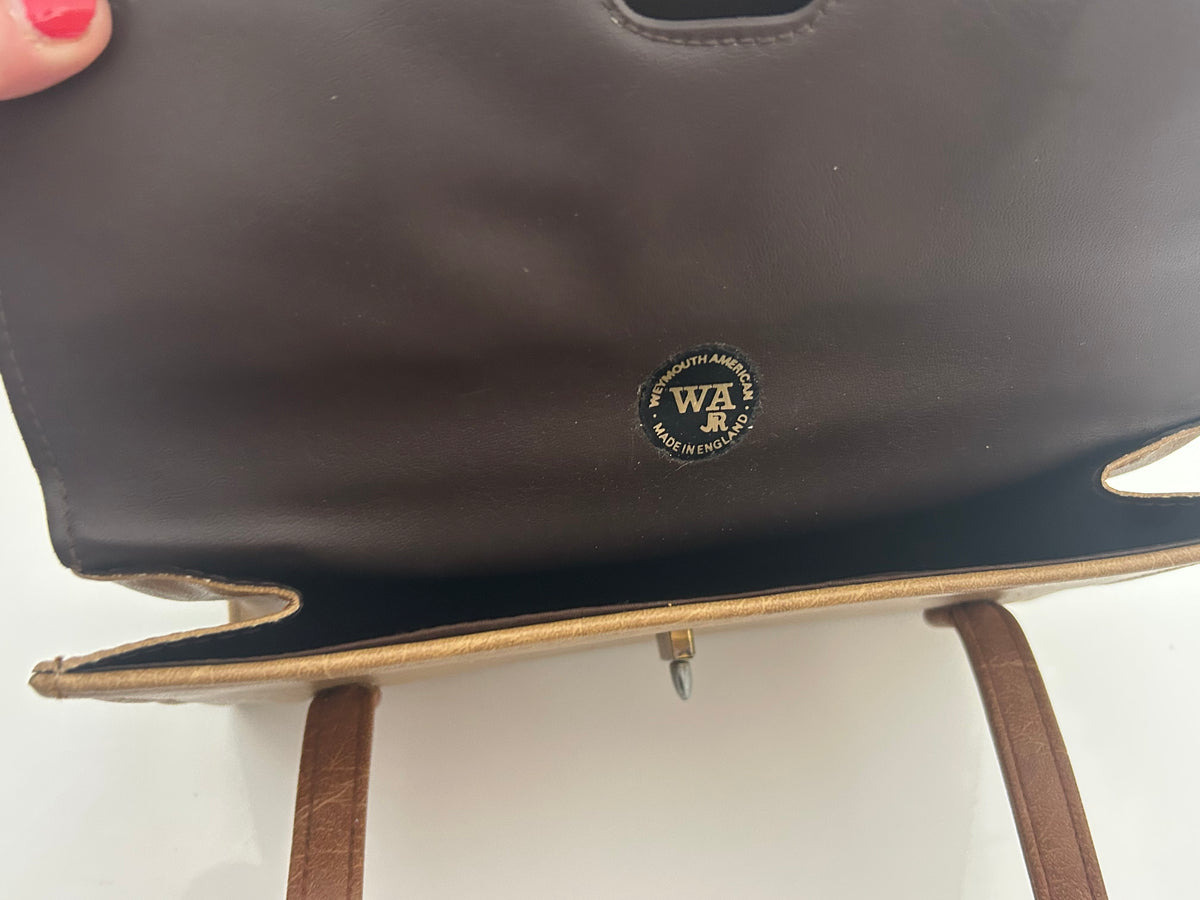 Vintage 1960s WEYMOUTH AMERICAN Camel & Tan Brown Faux Leather Kelly Style Handbag