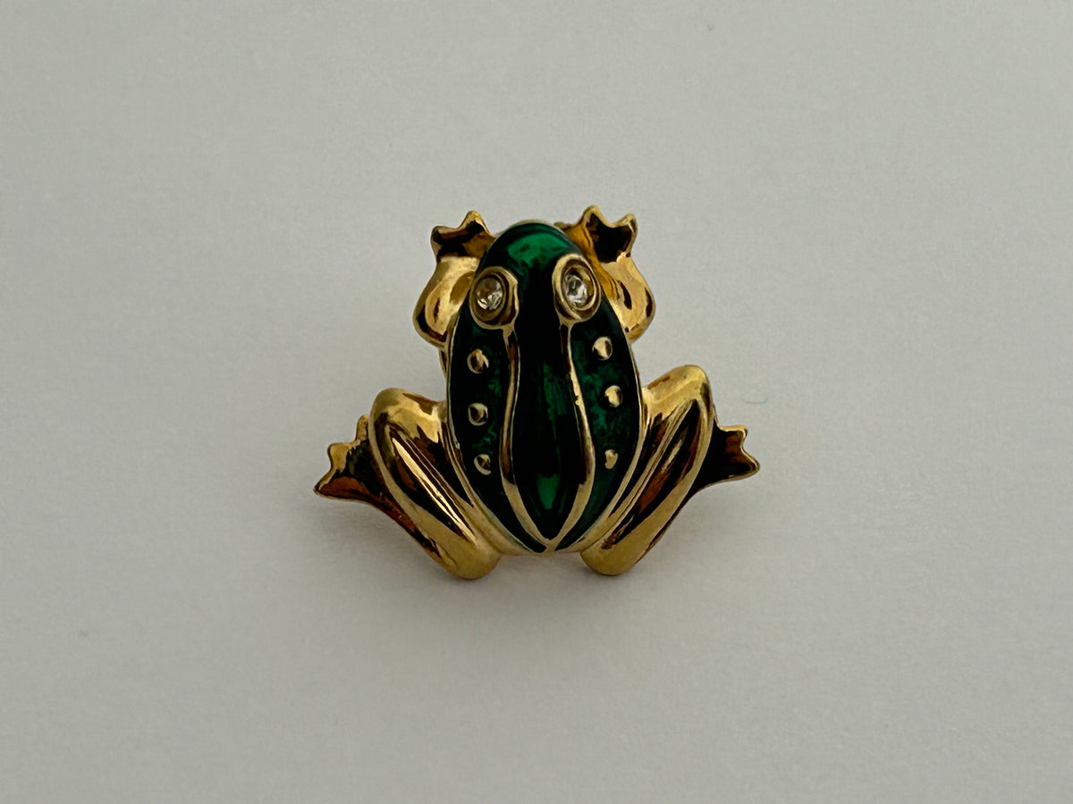 Vintage Gold Tone & Green Enamel Miniature Frog Pin Brooch