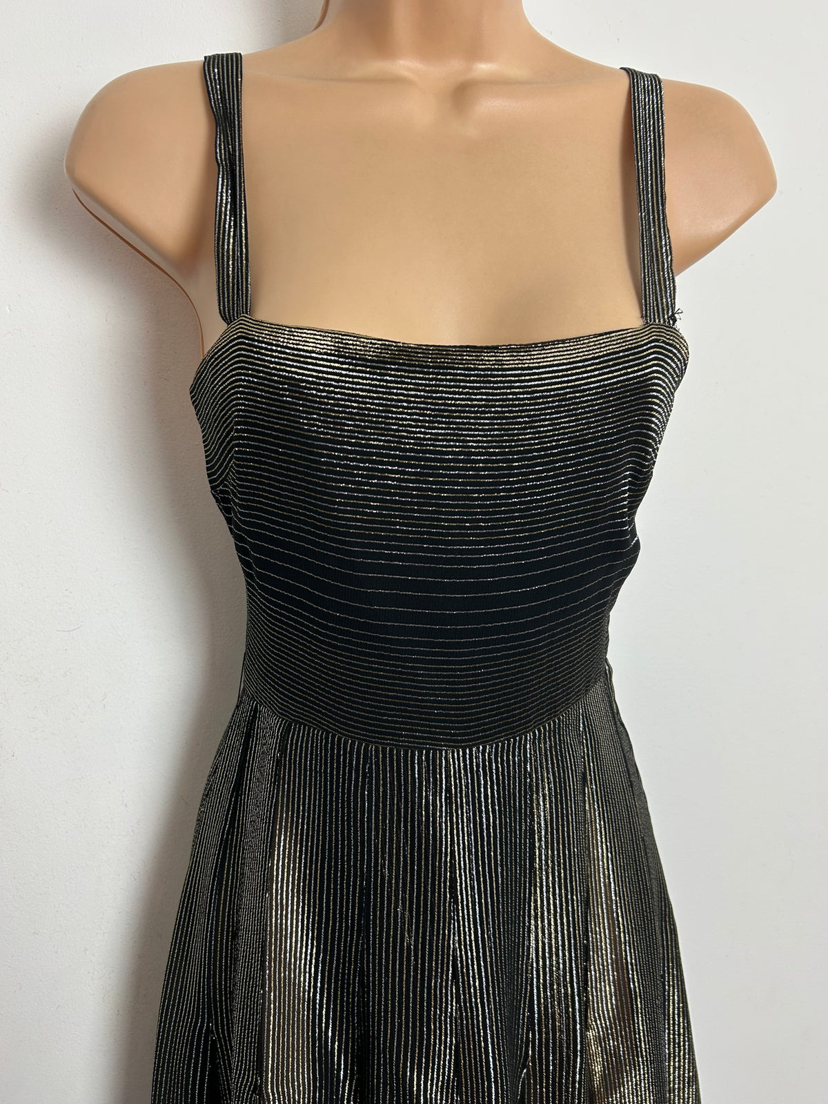 Vintage RARE 1970s SUJON Size 6 Black Pinstripe Lurex Christmas Party Evening Dress