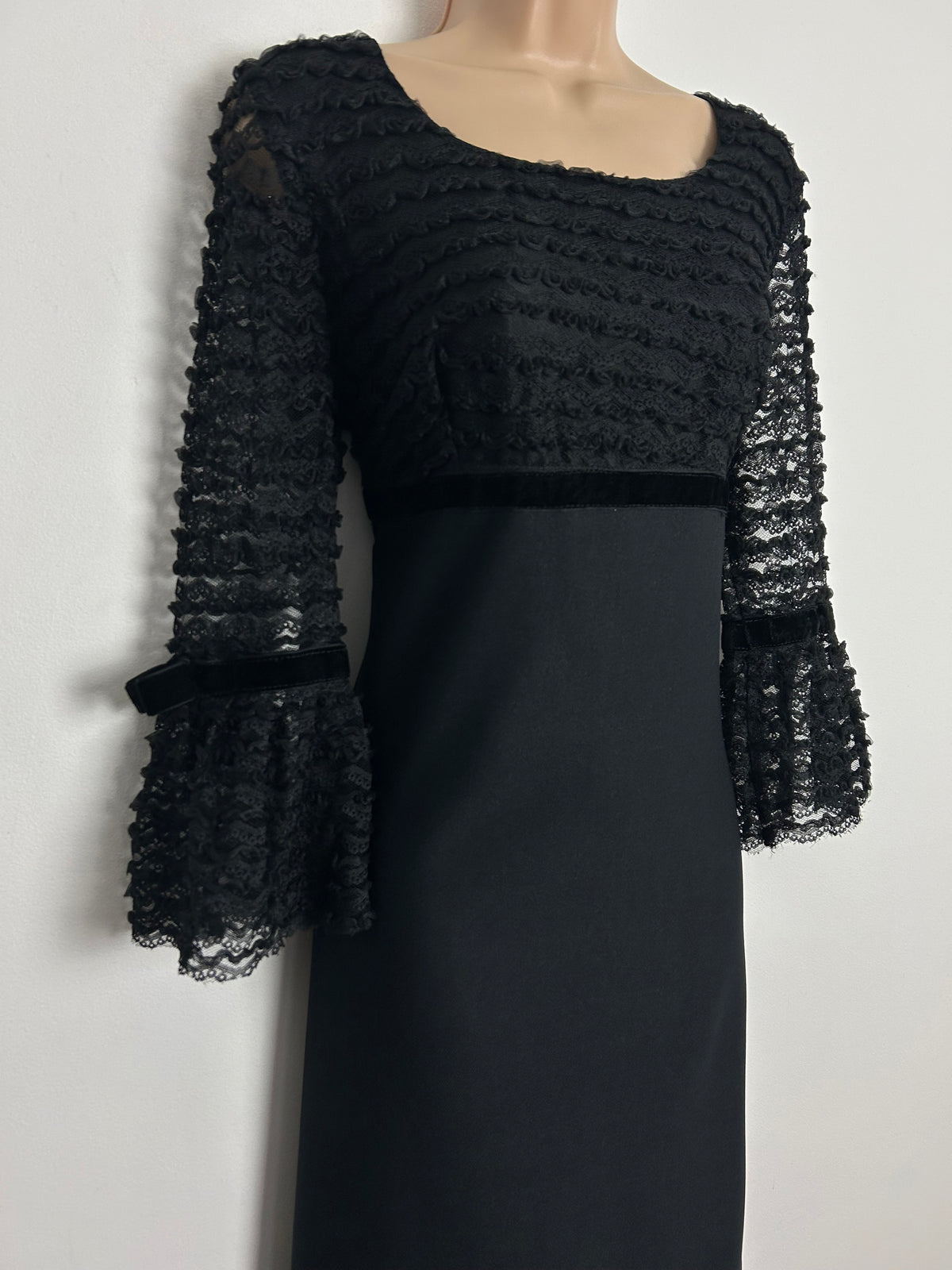 Vintage Late 1960s CHARMONT OF LONDON UK Size 10 Black Lace Bodice Empire Line Boho Occasion Maxi Dress