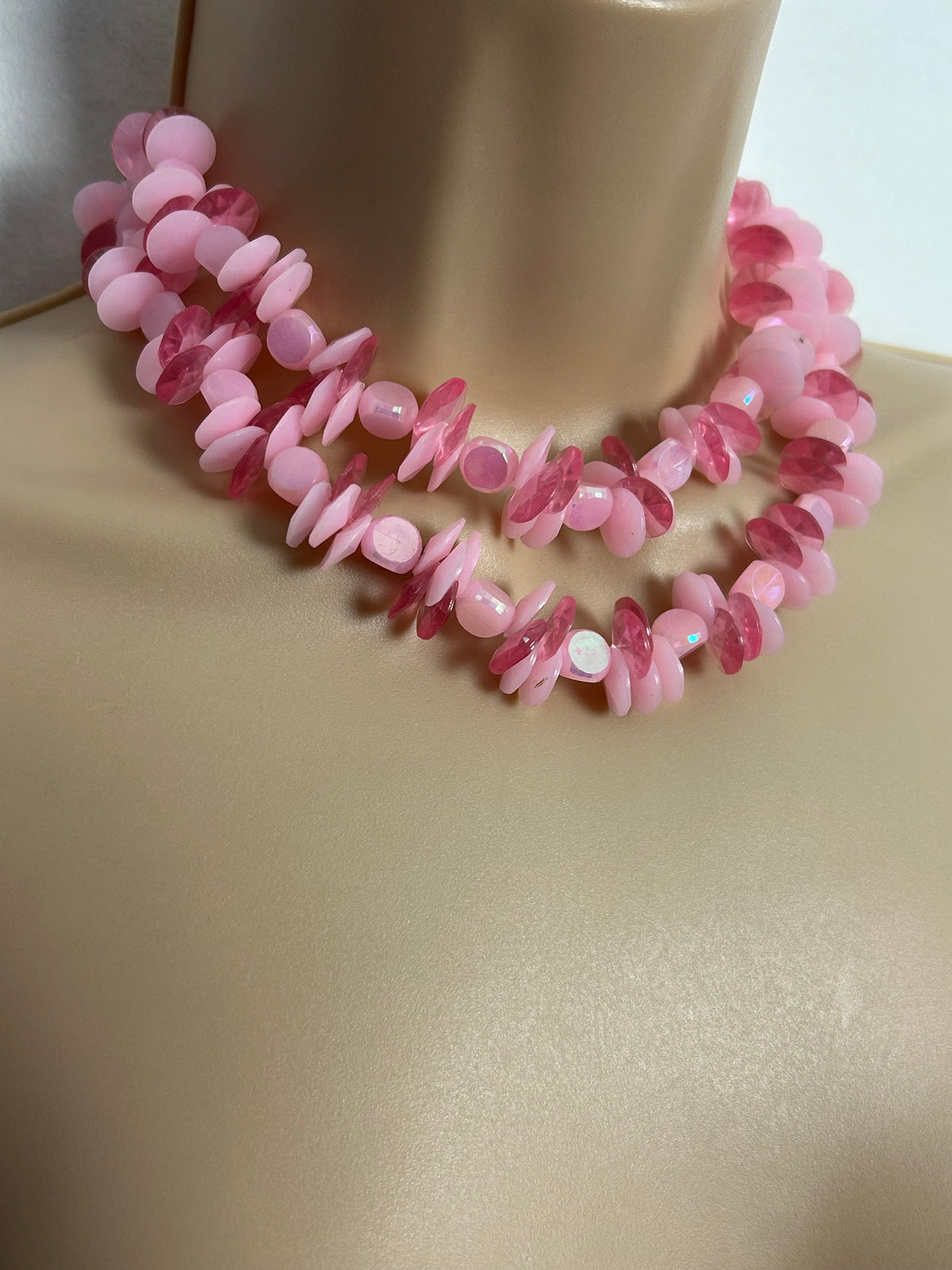 Vintage 1960s Pink Tones Plastic Bead Double Strand Small Choker Necklace (Hong Kong)