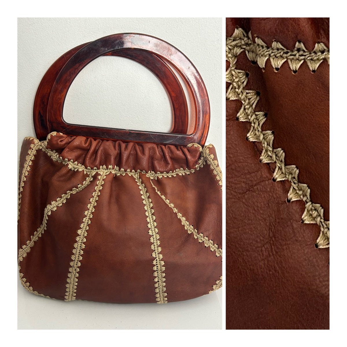 Vintage 1970s Chestnut Brown Leather Stitch Detail Plastic Handled Boho Handbag