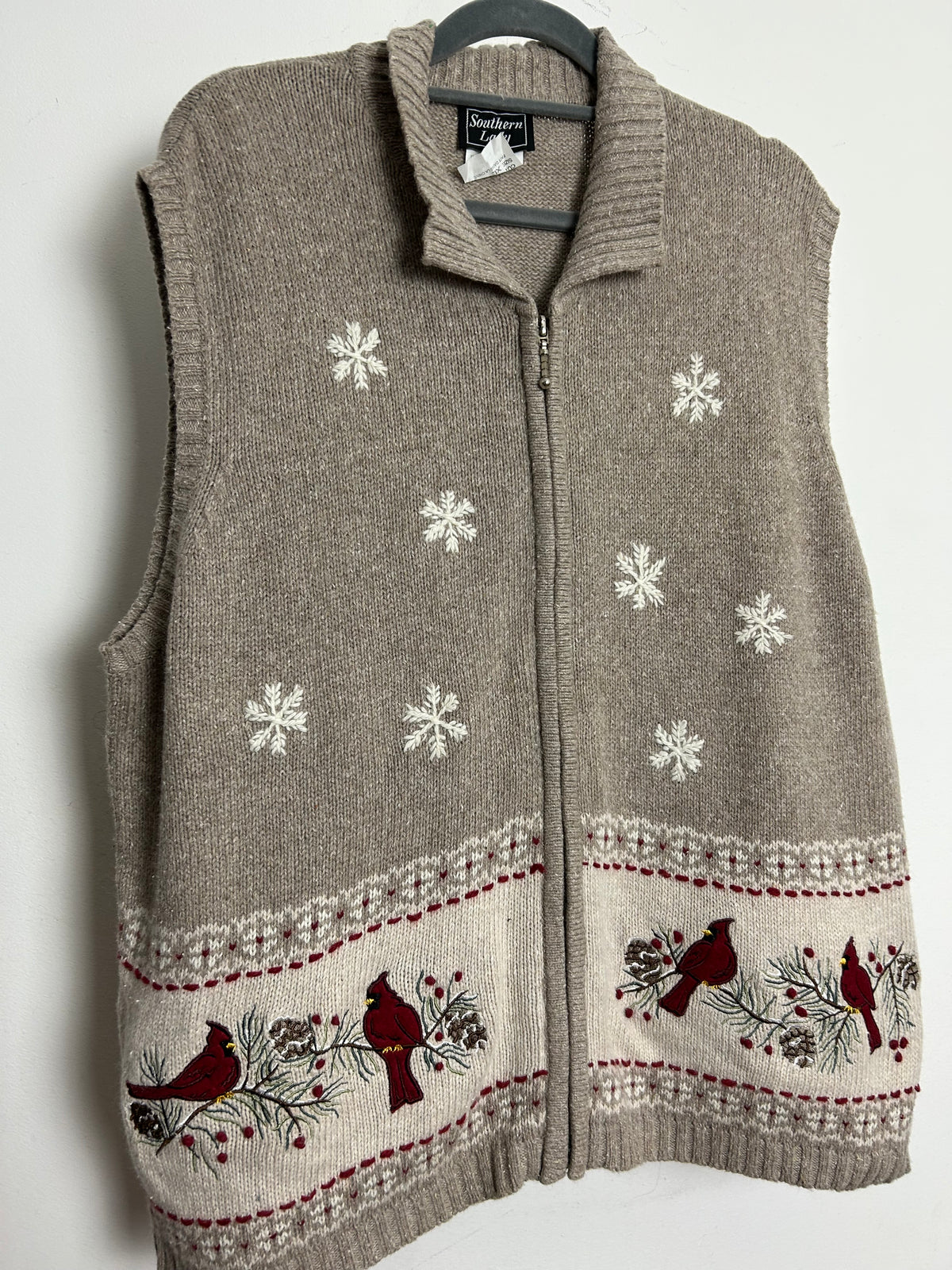 Vintage SOUTHERN LADY Size XL 16 Ramie Mix Beige Tones Bird Pattern Sleeveless Cardigan