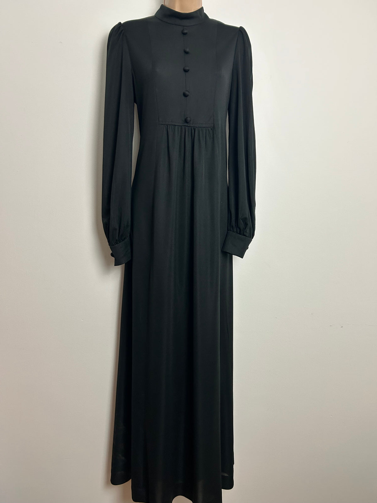 Vintage 1970s DEBENHAMS Size 14 Black Long Sleeve High Neck Classic Black Maxi Dress