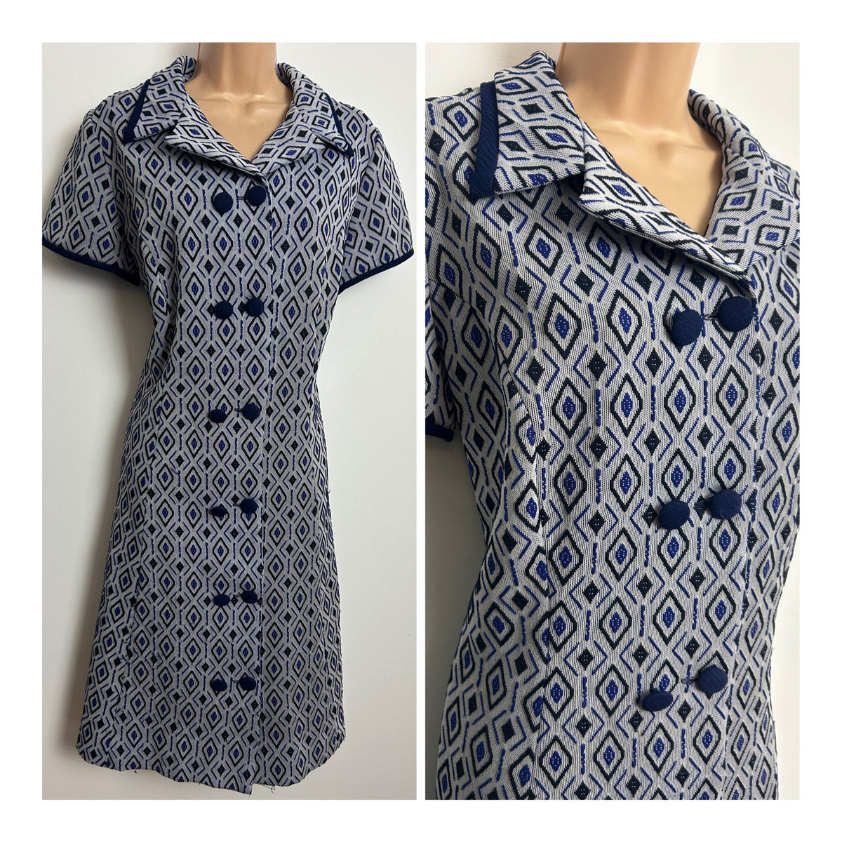 Vintage 1960s Size 14-16 Blue & Black Diamond Pattern Crimplene Double Breasted Mod Shift Dress