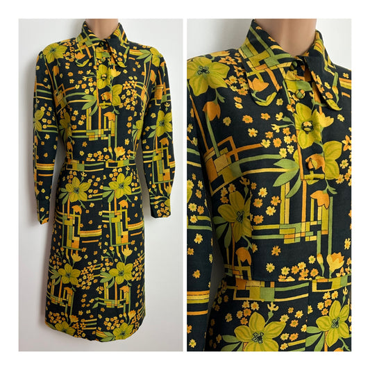Vintage 1960s Size 14 Dark Grey Yellow Green & Orange Geo & Floral Print Beagle Collar Mod Dress
