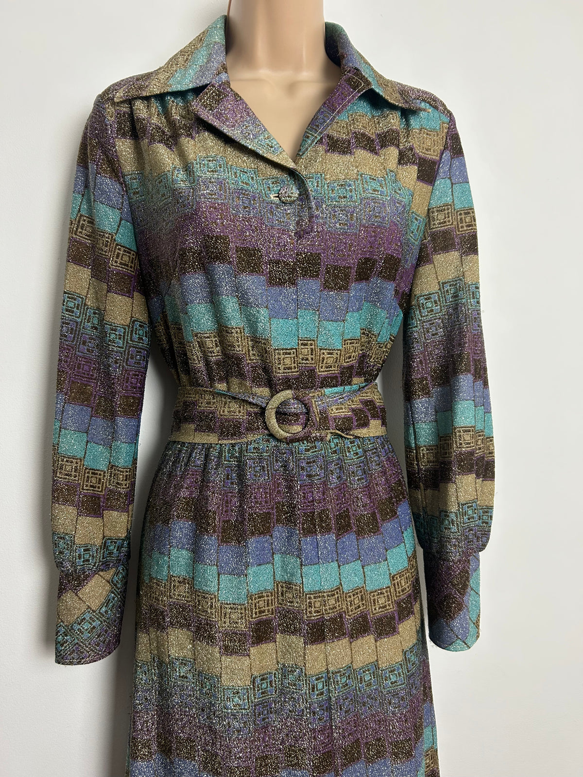 Vintage 1970s Size 12 Blue Beige & Plum Purple Geo Print Lurex Belted Occasion Maxi Dress